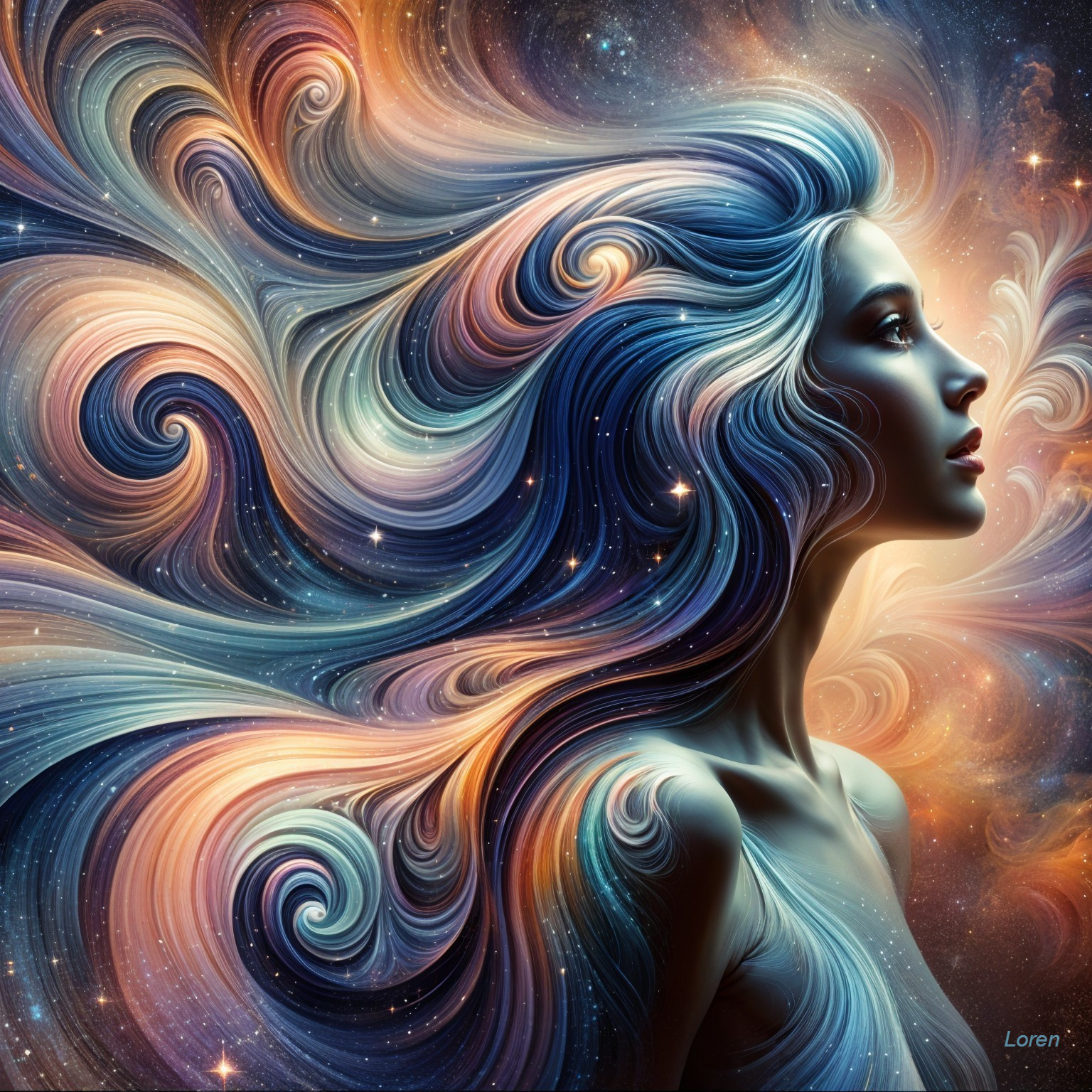 Surreal Portrait of a Woman with Cosmic Hair