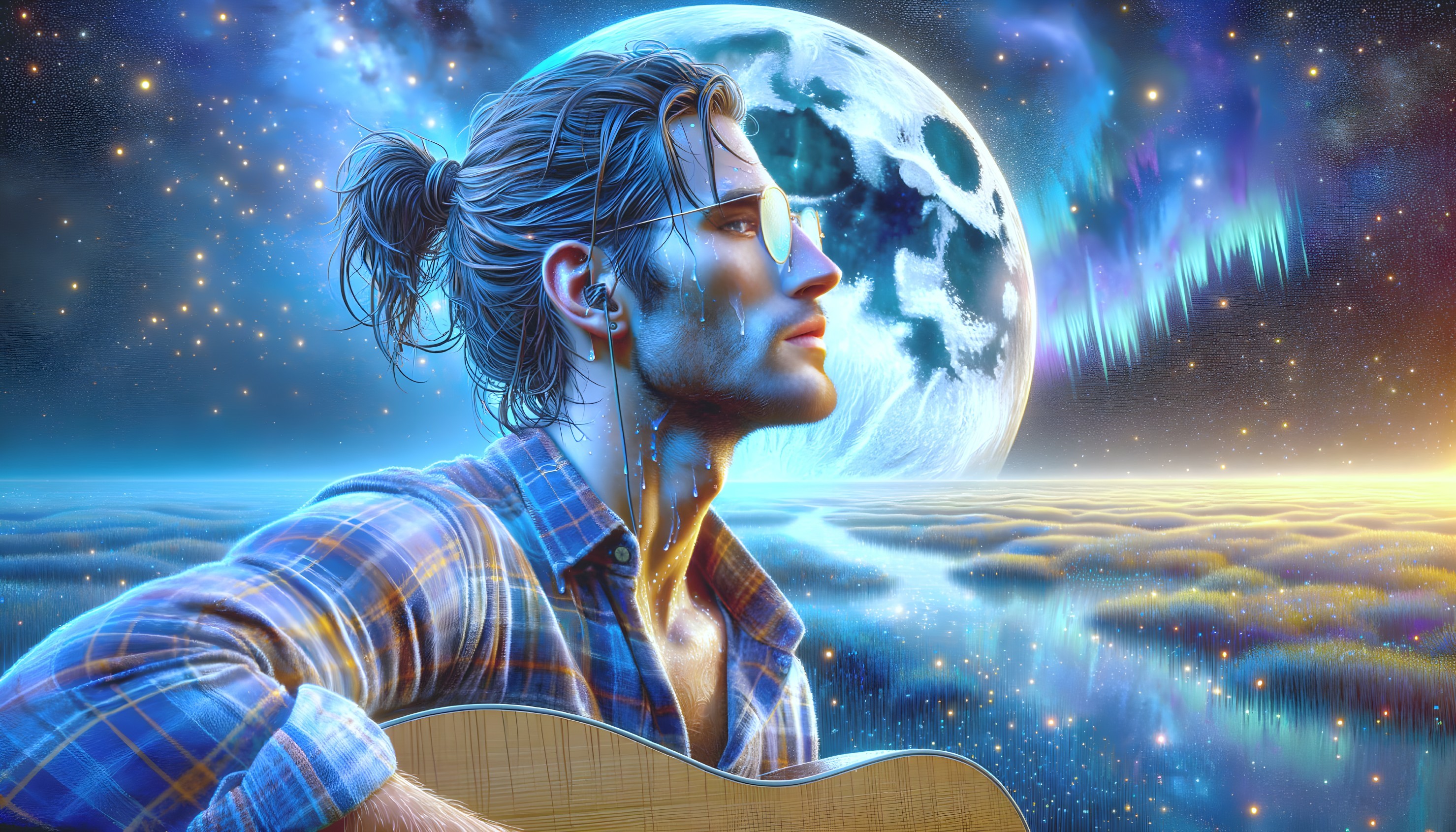 Man Playing Guitar Under Starry Sky with Auroras