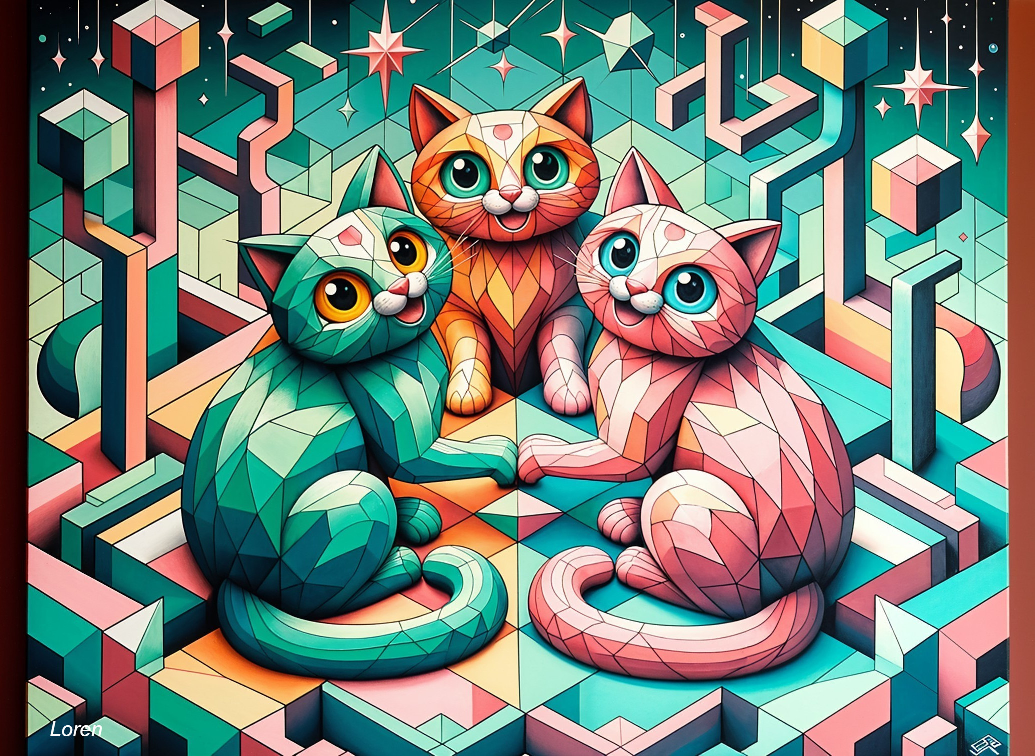 Stylized Cats in Colorful Geometric Landscape