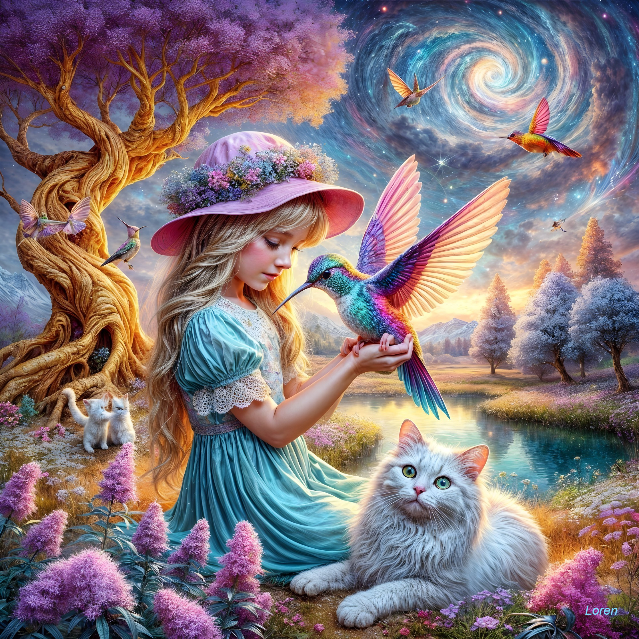 Young girl with hummingbird in a magical landscape