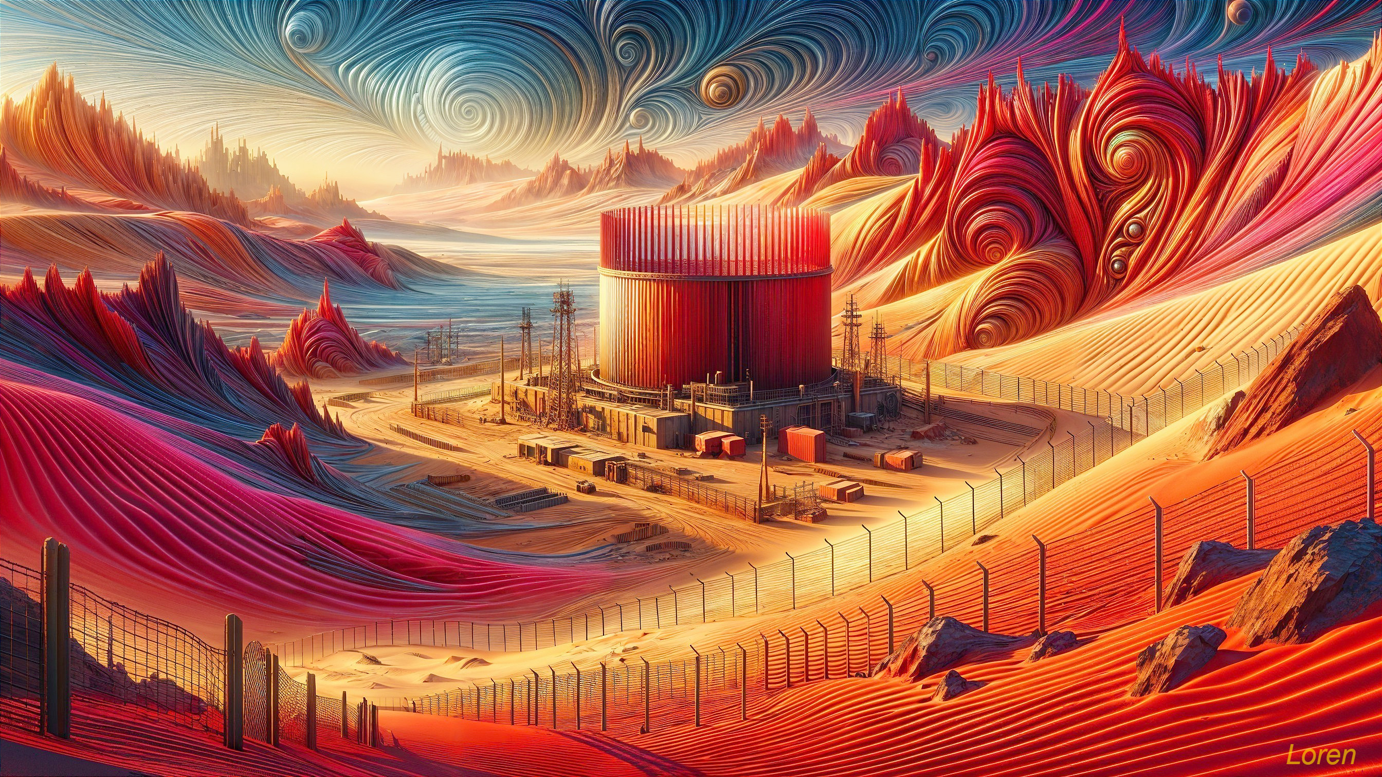 Surreal Landscape with Angular Structure and Vibrant Colors