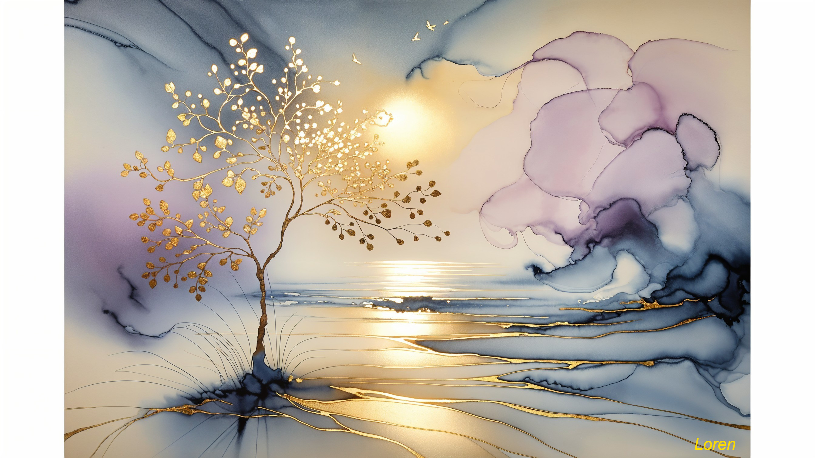 Abstract Artwork of a Tree with Golden Leaves