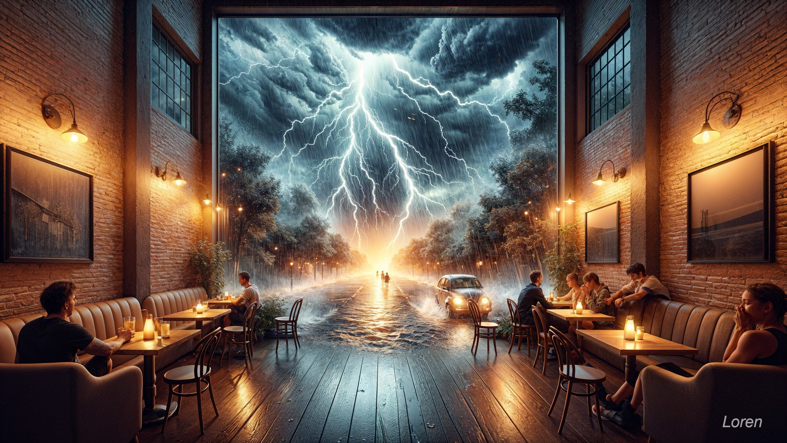 Cozy café interior contrasted with dramatic storm outside