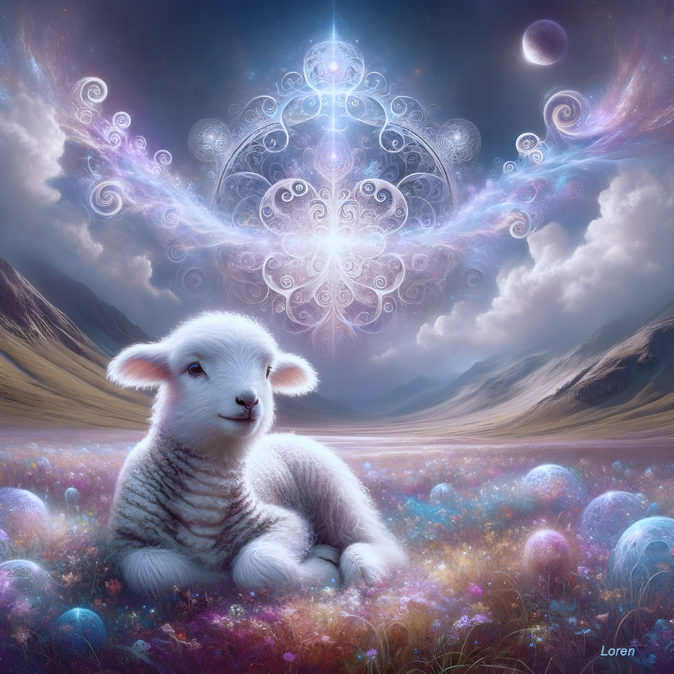 Serene Landscape with Lamb and Colorful Flowers