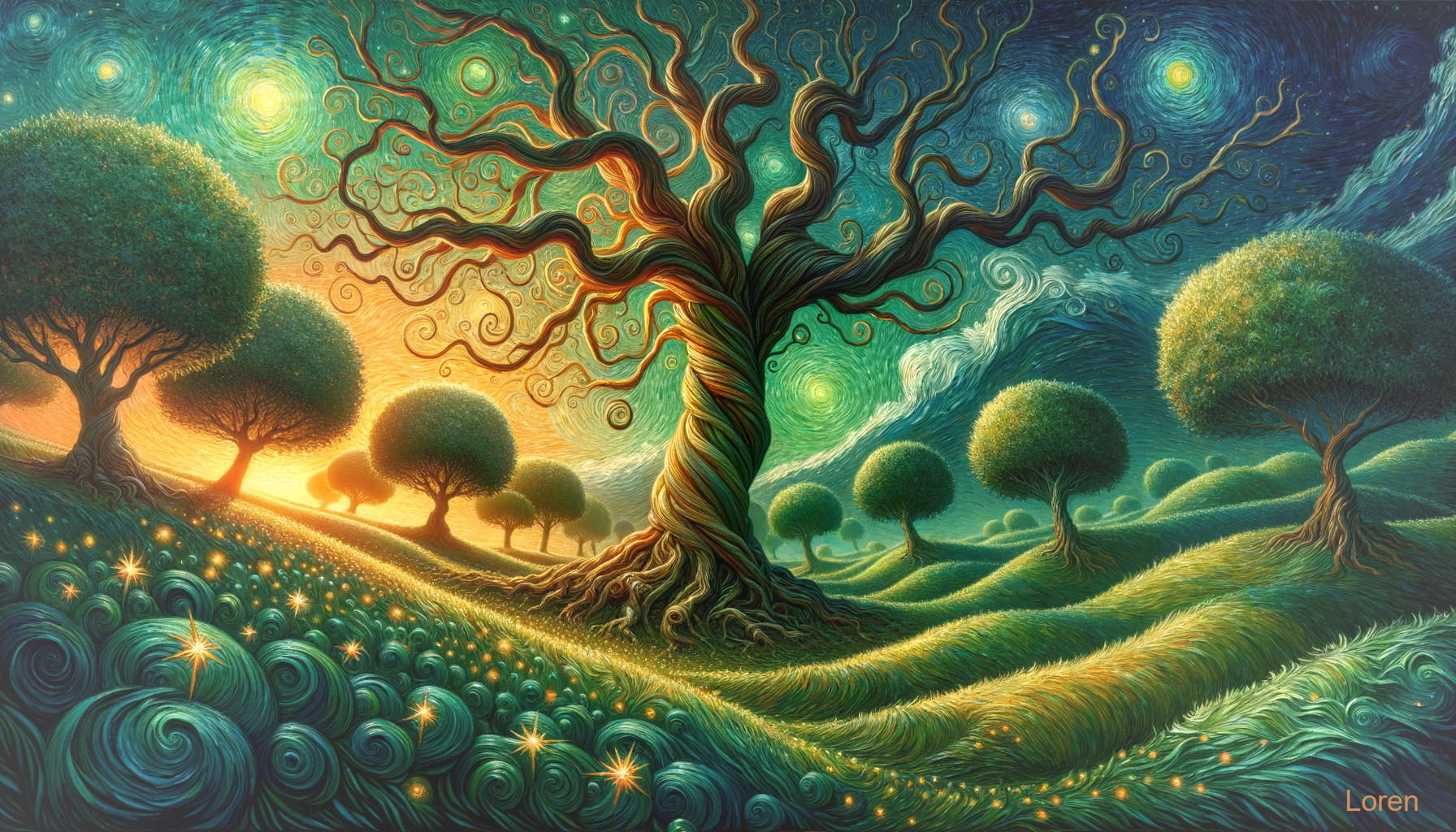 Vibrant landscape with twisted tree and colorful sky