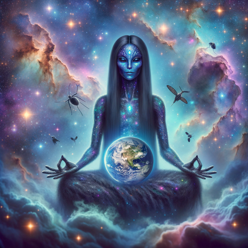 Alien Figure Meditating in a Colorful Nebula Scene
