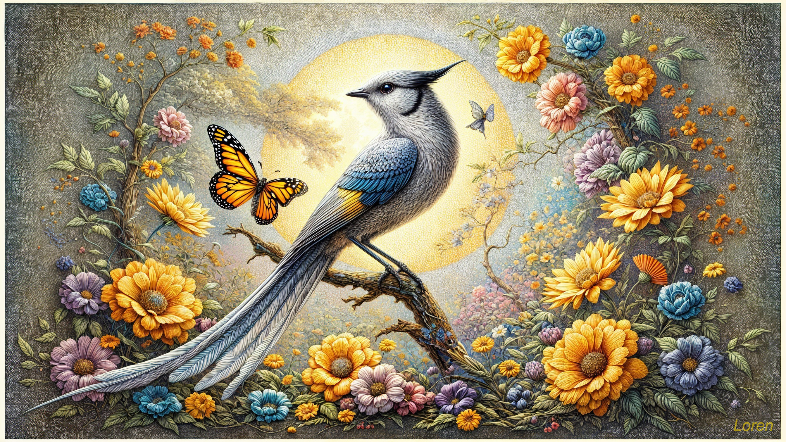 Detailed illustration of a blue jay among flowers