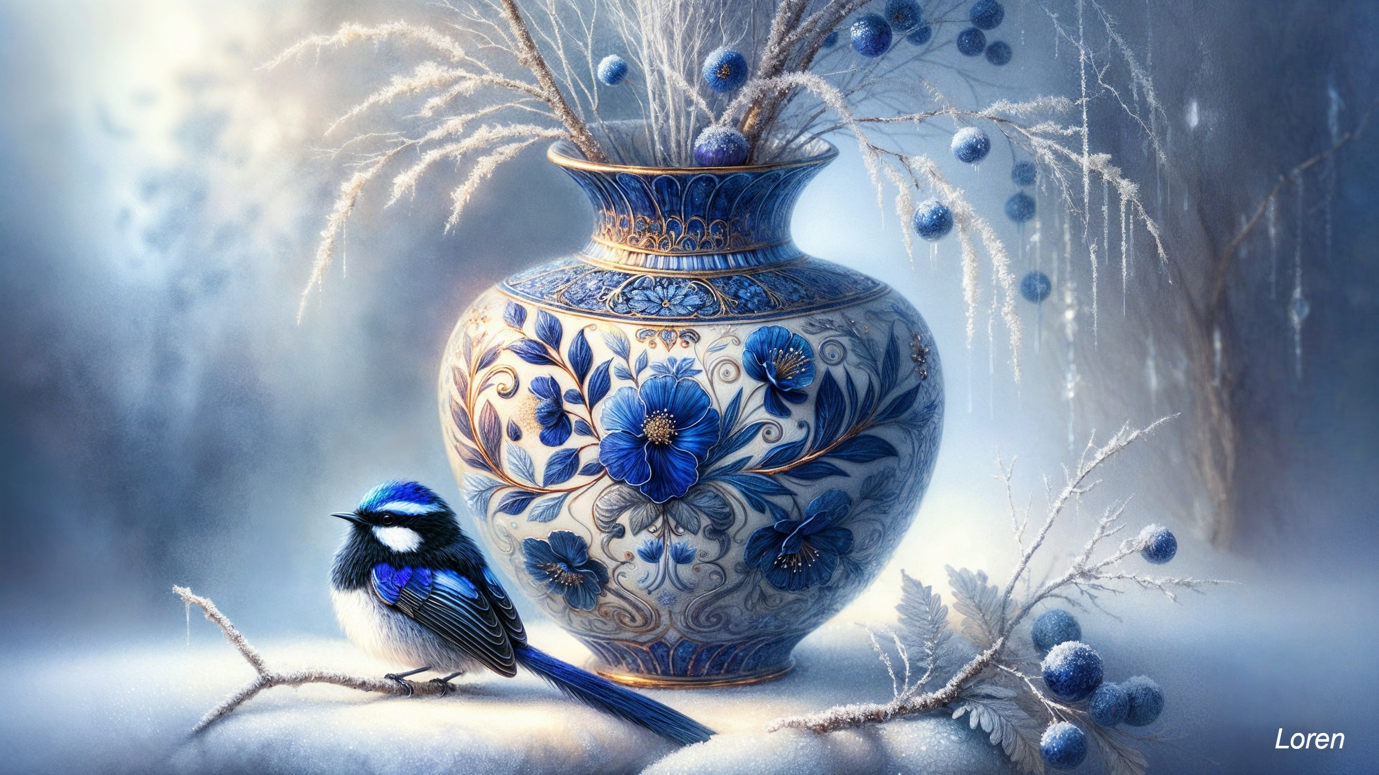 Intricate Blue Floral Vase in Winter Scene with Bird