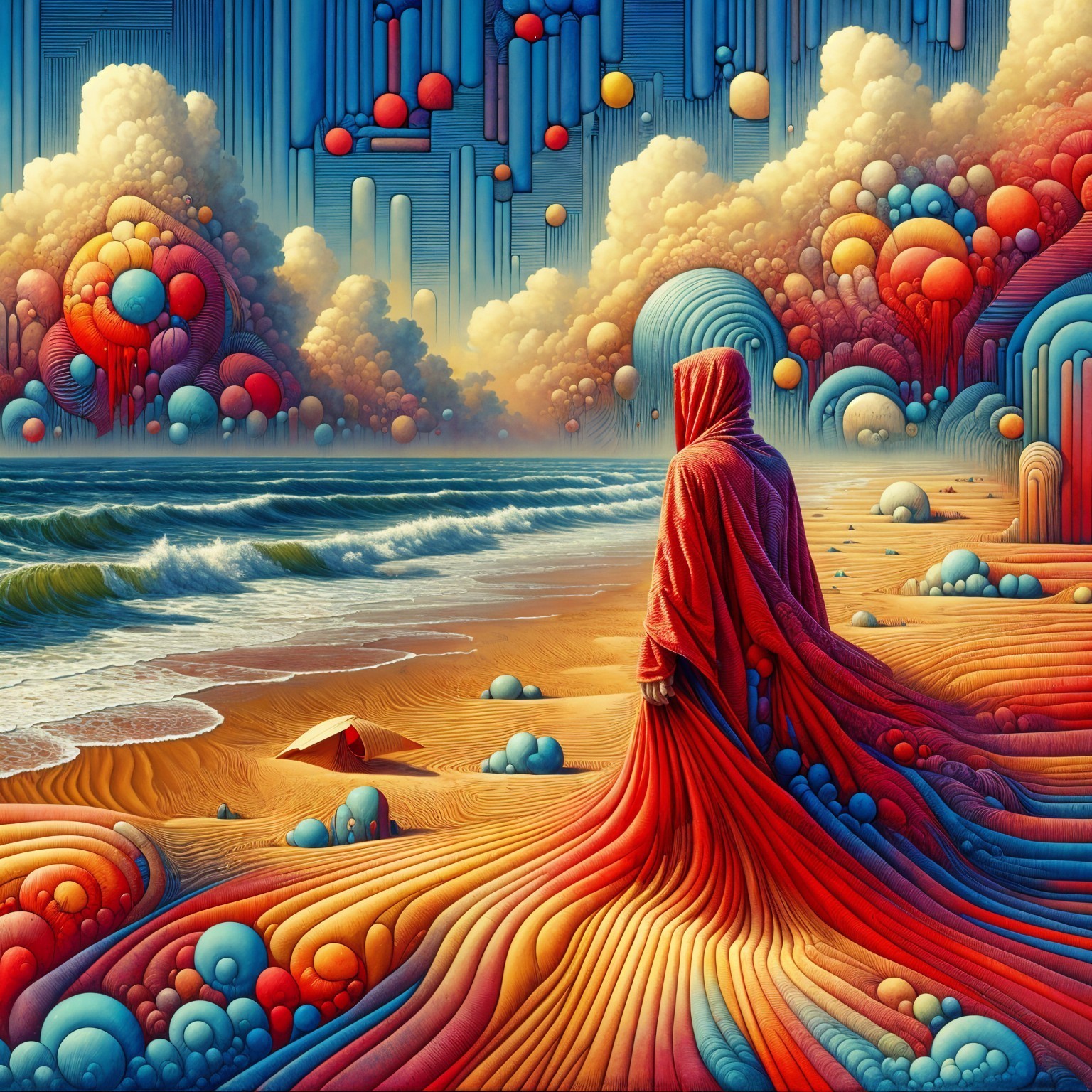 Surreal Landscape with Figure and Colorful Orbs