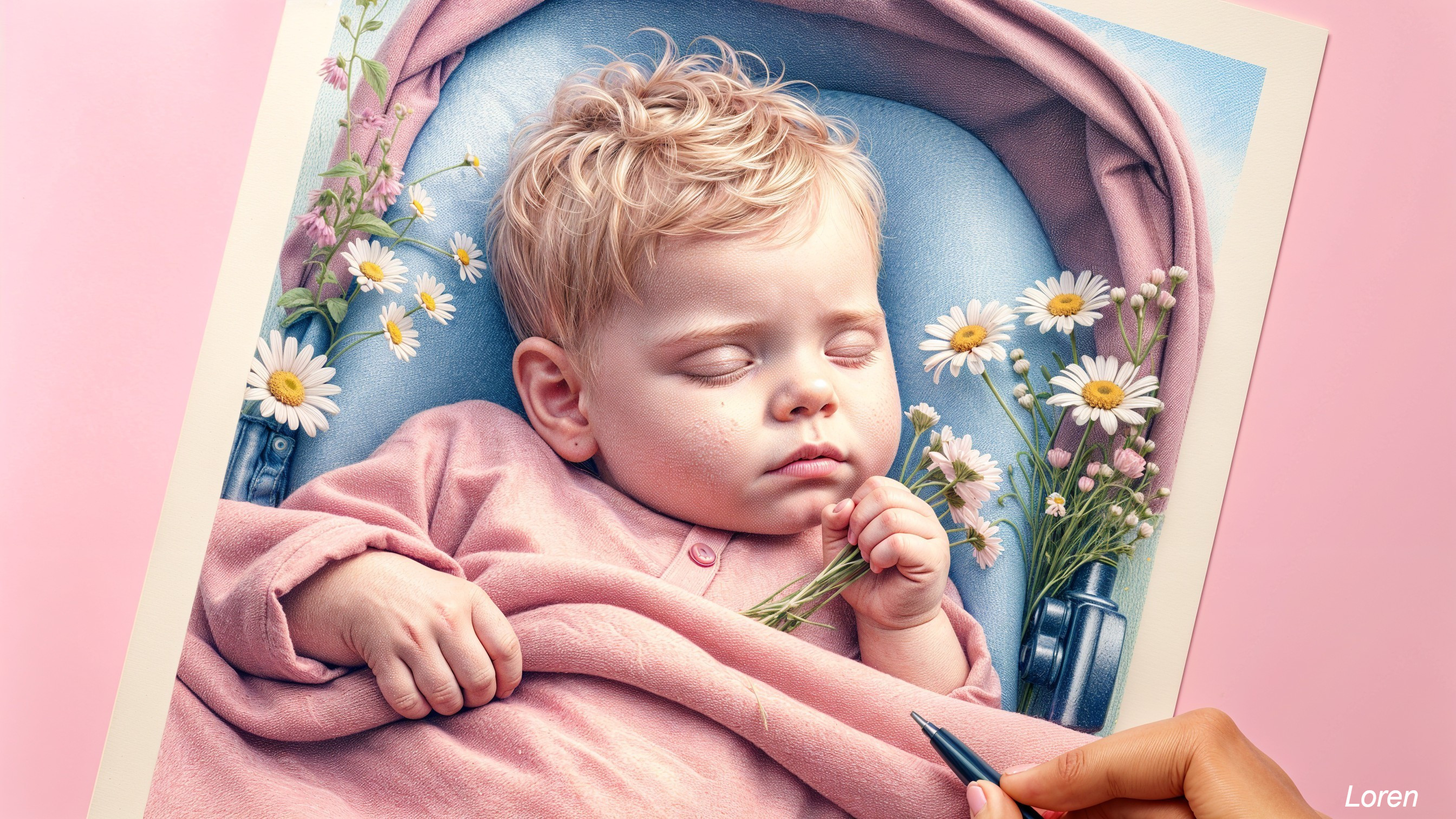 Hyper-realistic portrait of a sleeping baby in pink