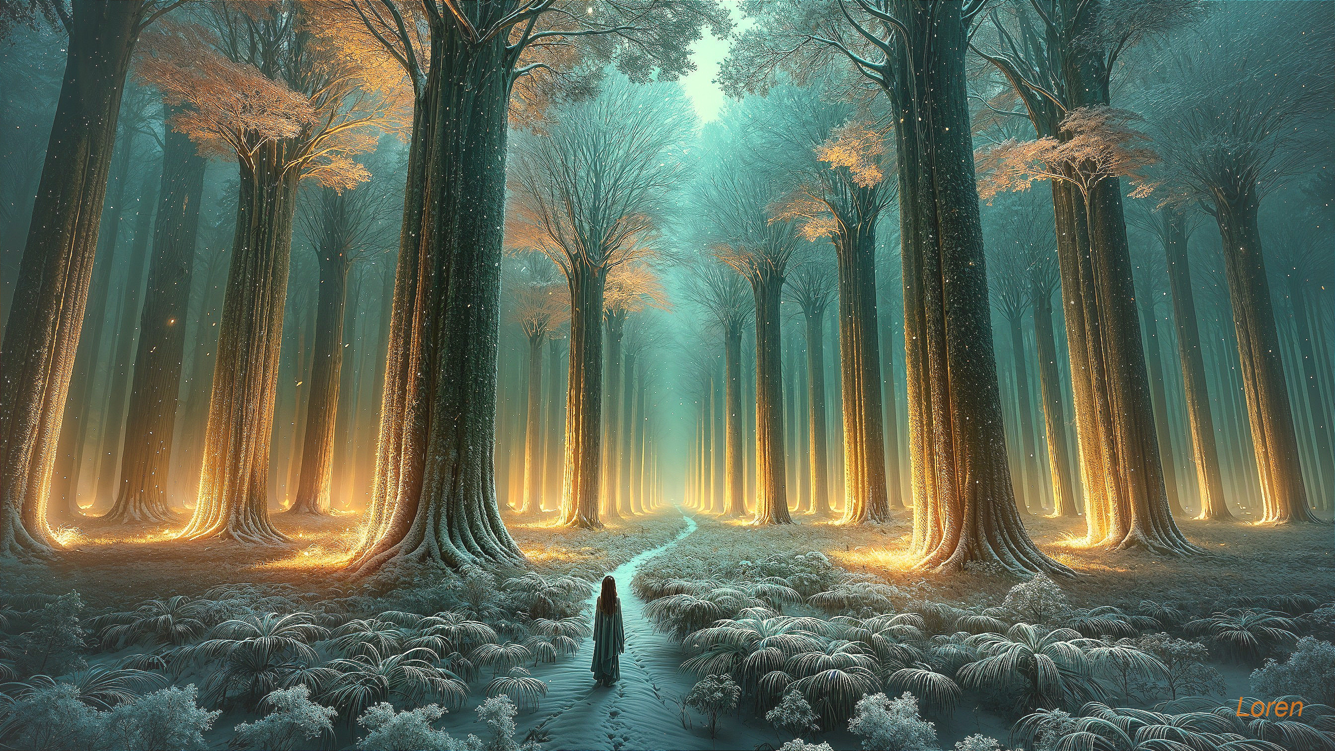 Mystical forest with golden trees and glowing atmosphere