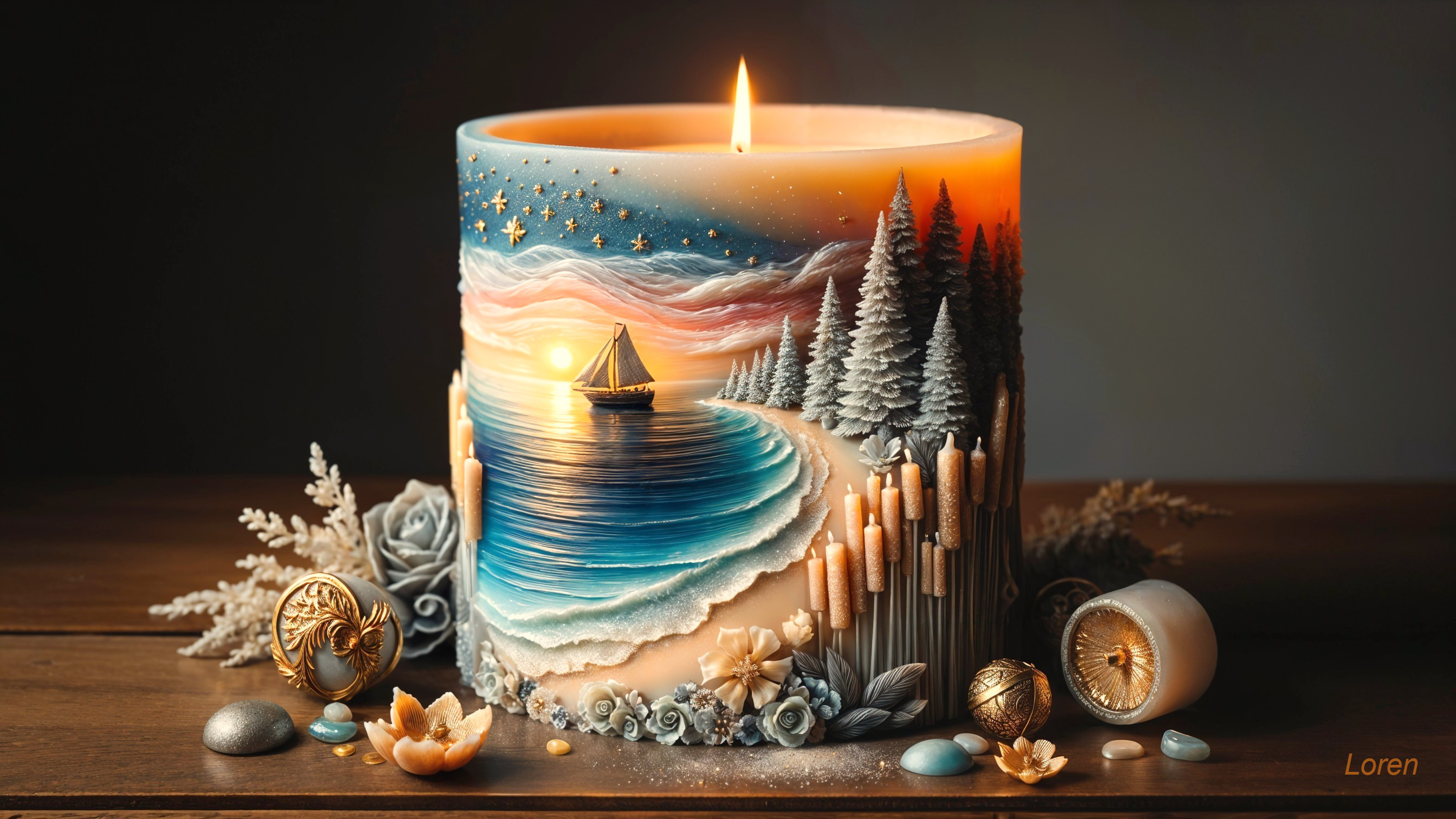 Serene Beach Scene Candle with Decorative Elements
