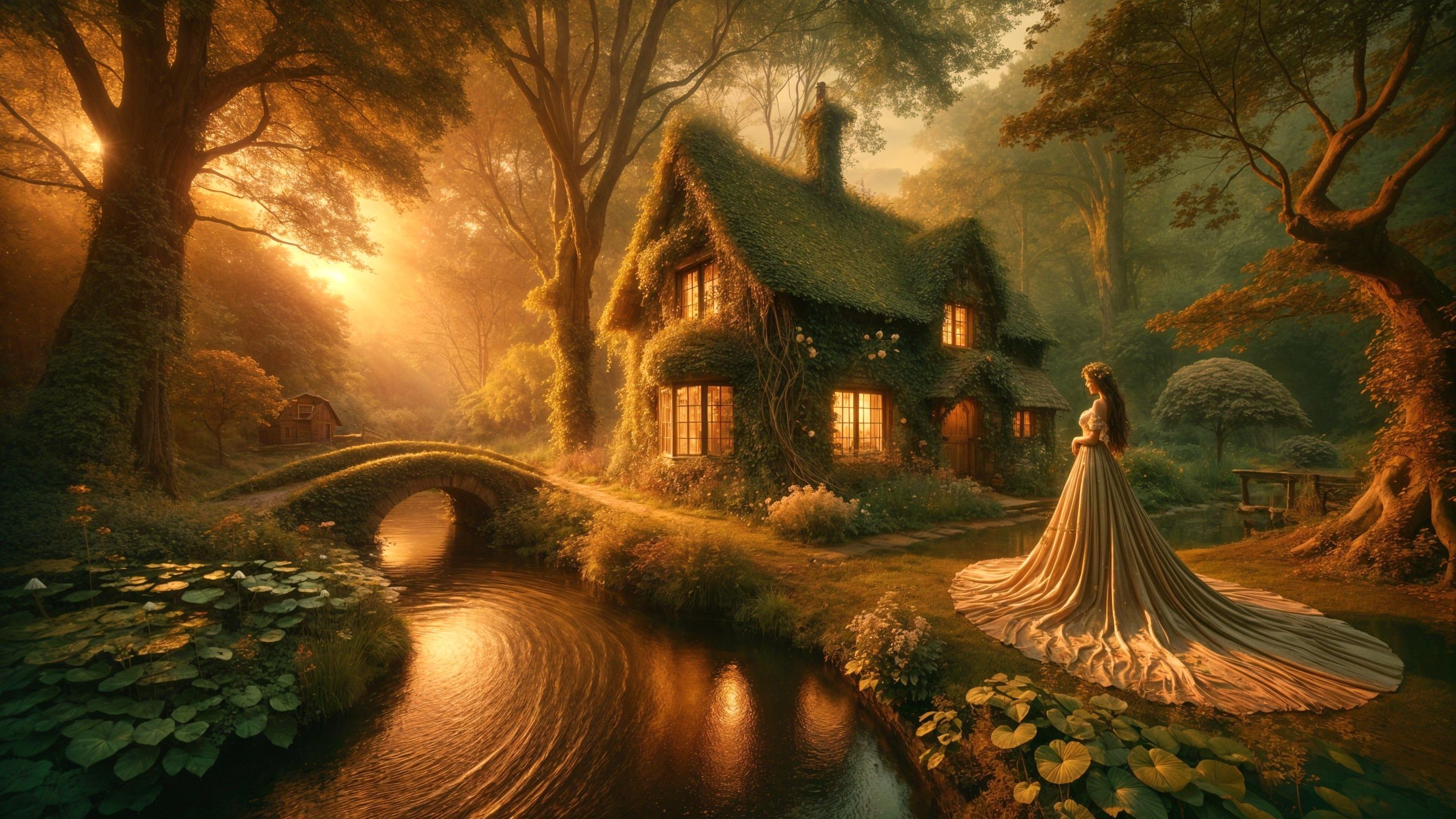Serene Fairytale Scene with Cottage and Stream at Sunset