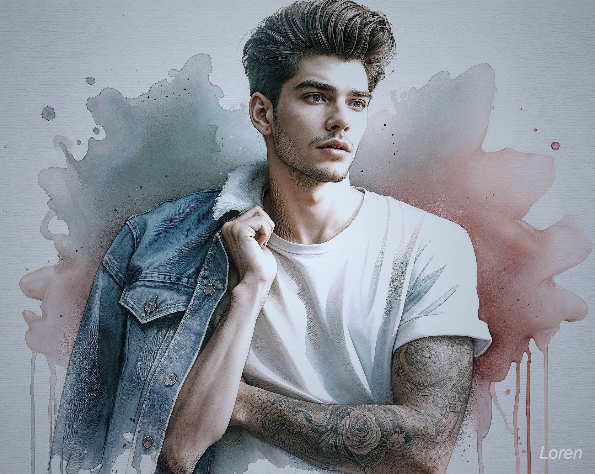 Stylish Young Man in Denim Jacket with Tattoos