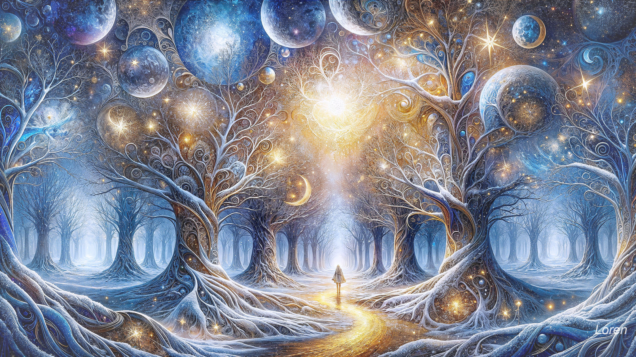 Mystical forest with cosmic light and swirling trees