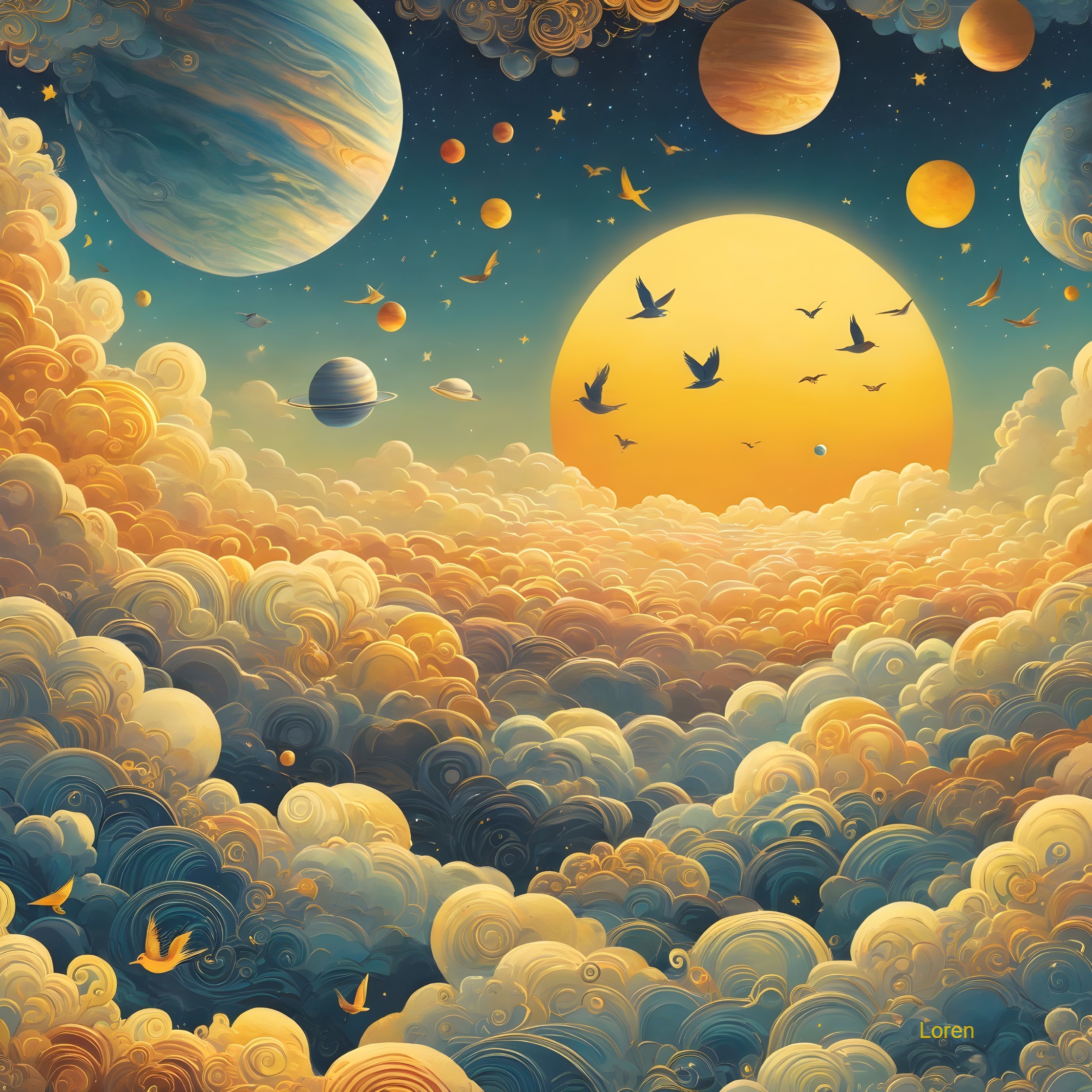 Vibrant Cosmic Scene with Planets and Clouds