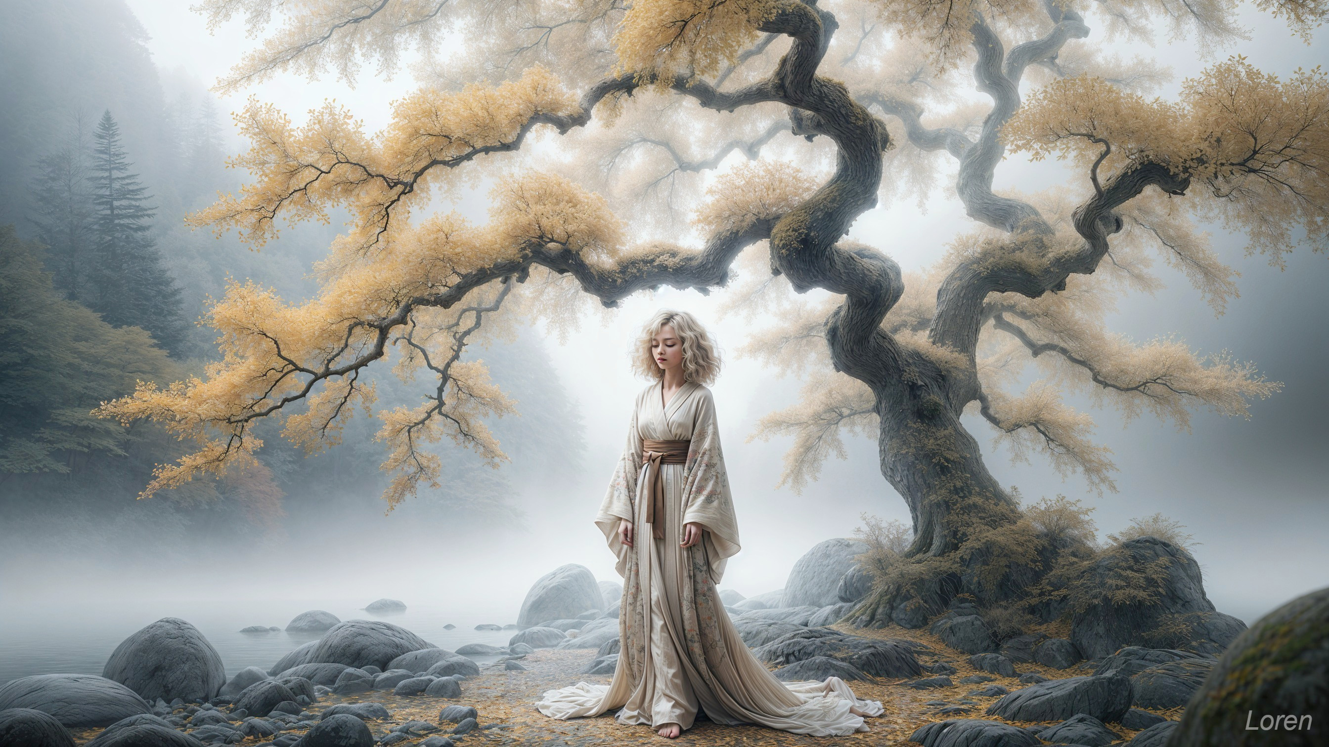 Woman in Kimono Beneath Gnarled Tree with Golden Leaves