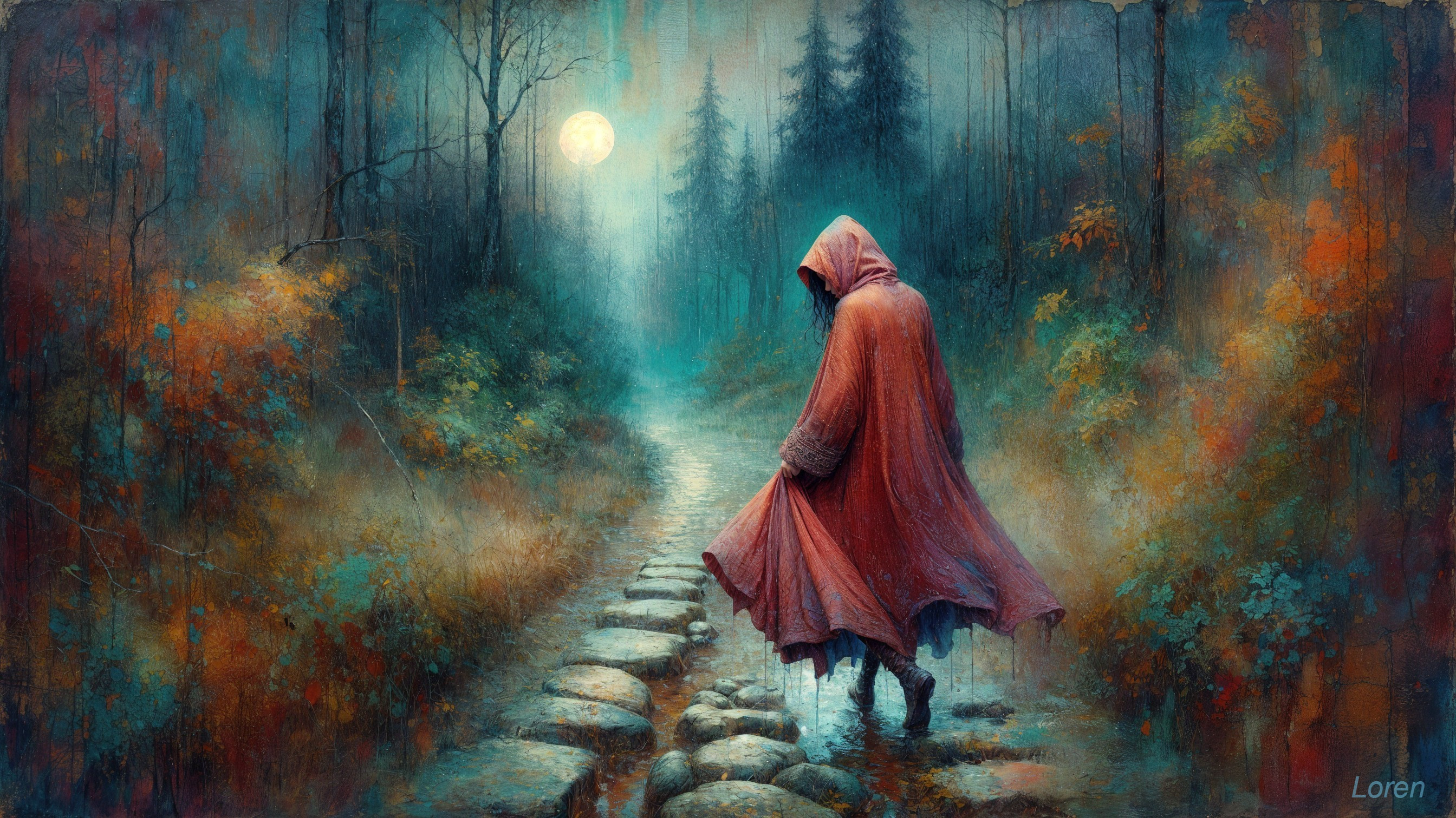Mysterious Figure in Red Cloak in Foggy Forest