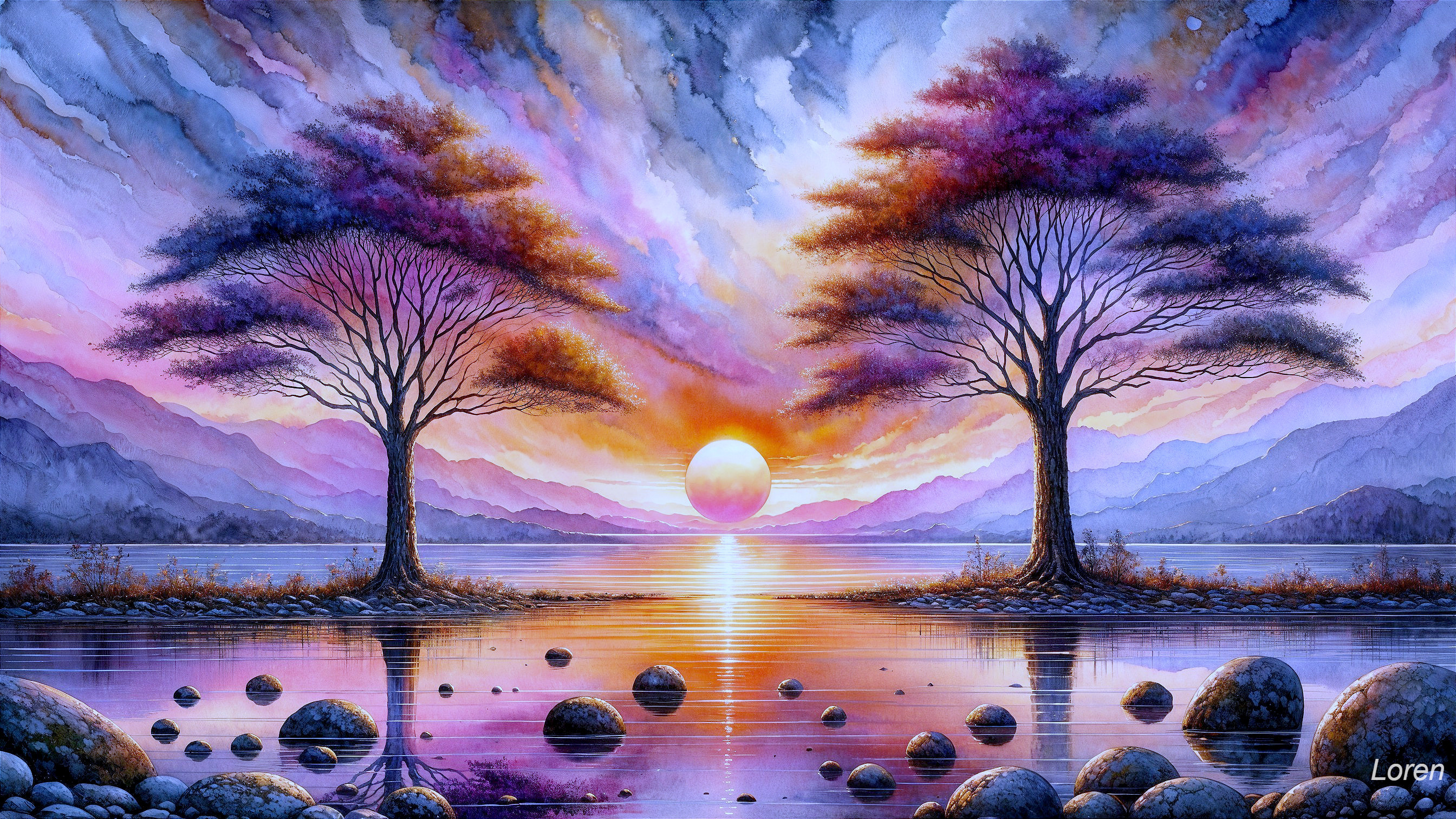 Serene Landscape with Trees and Tranquil Lake at Sunset