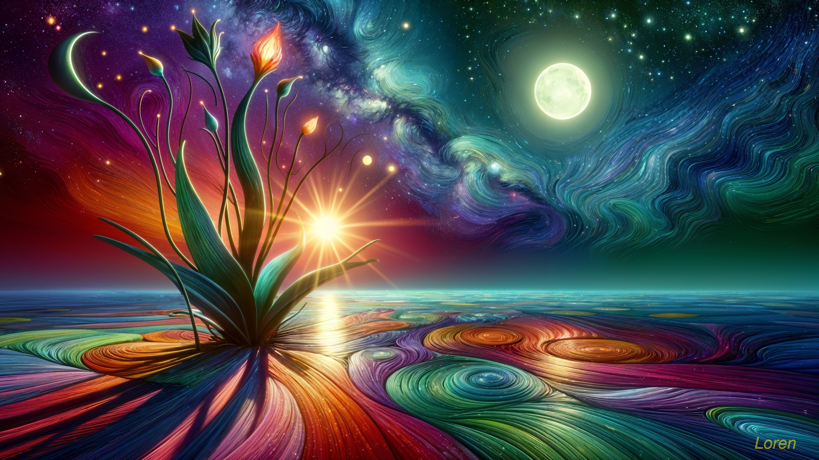 Surreal Landscape with Luminous Plant and Starry Sky