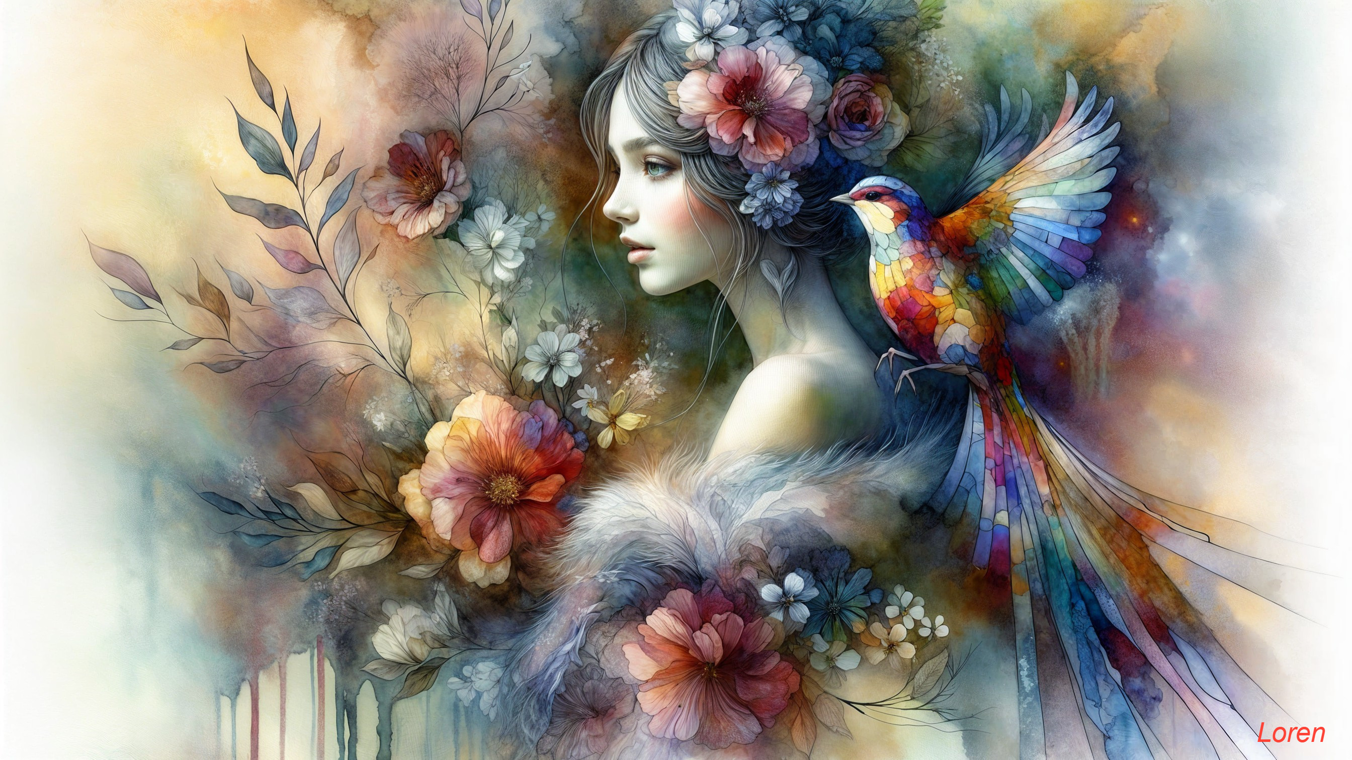 Ethereal Woman Surrounded by Flowers and Colorful Bird