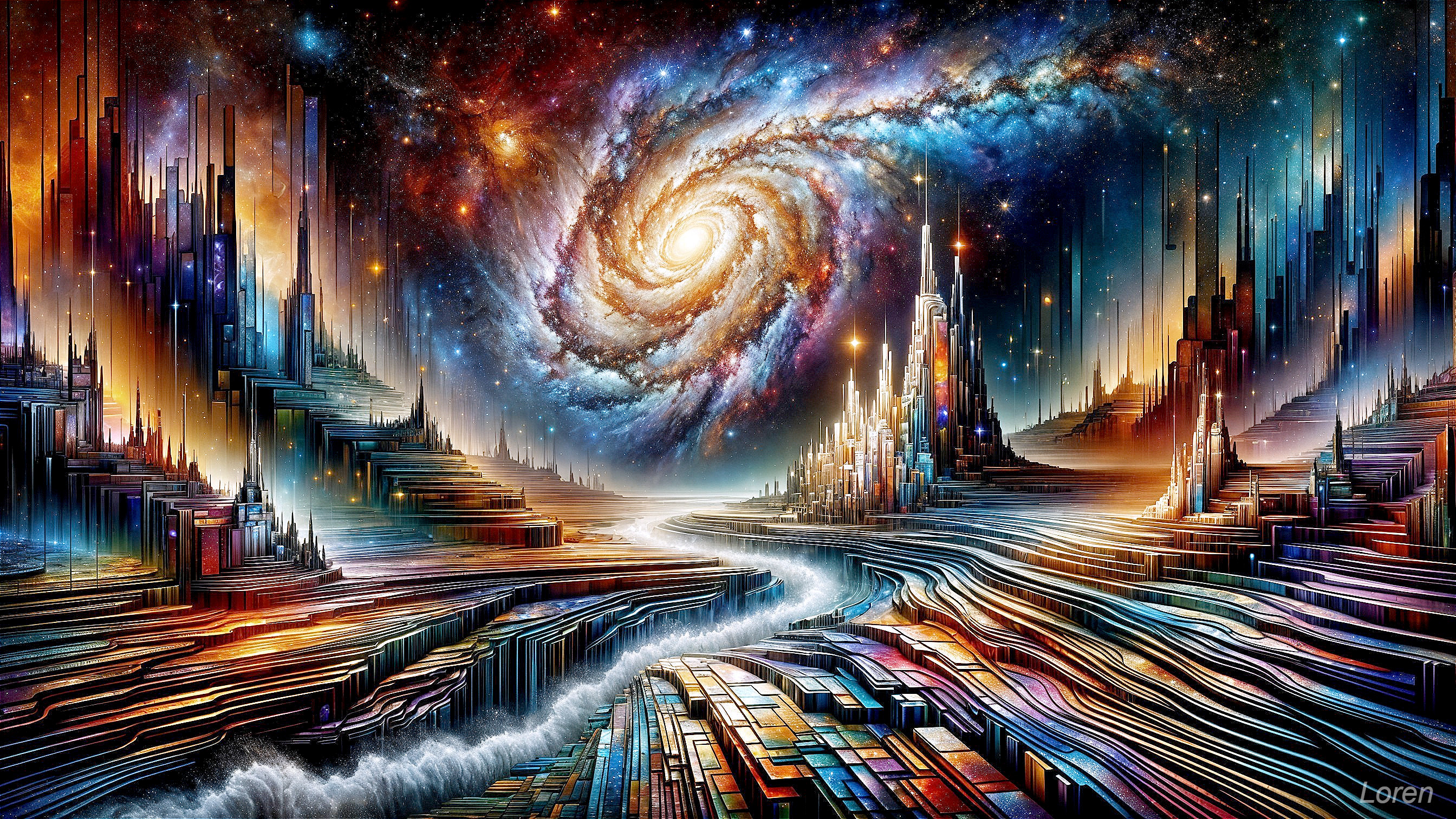 Vibrant Cosmic Landscape with Crystalline Structures