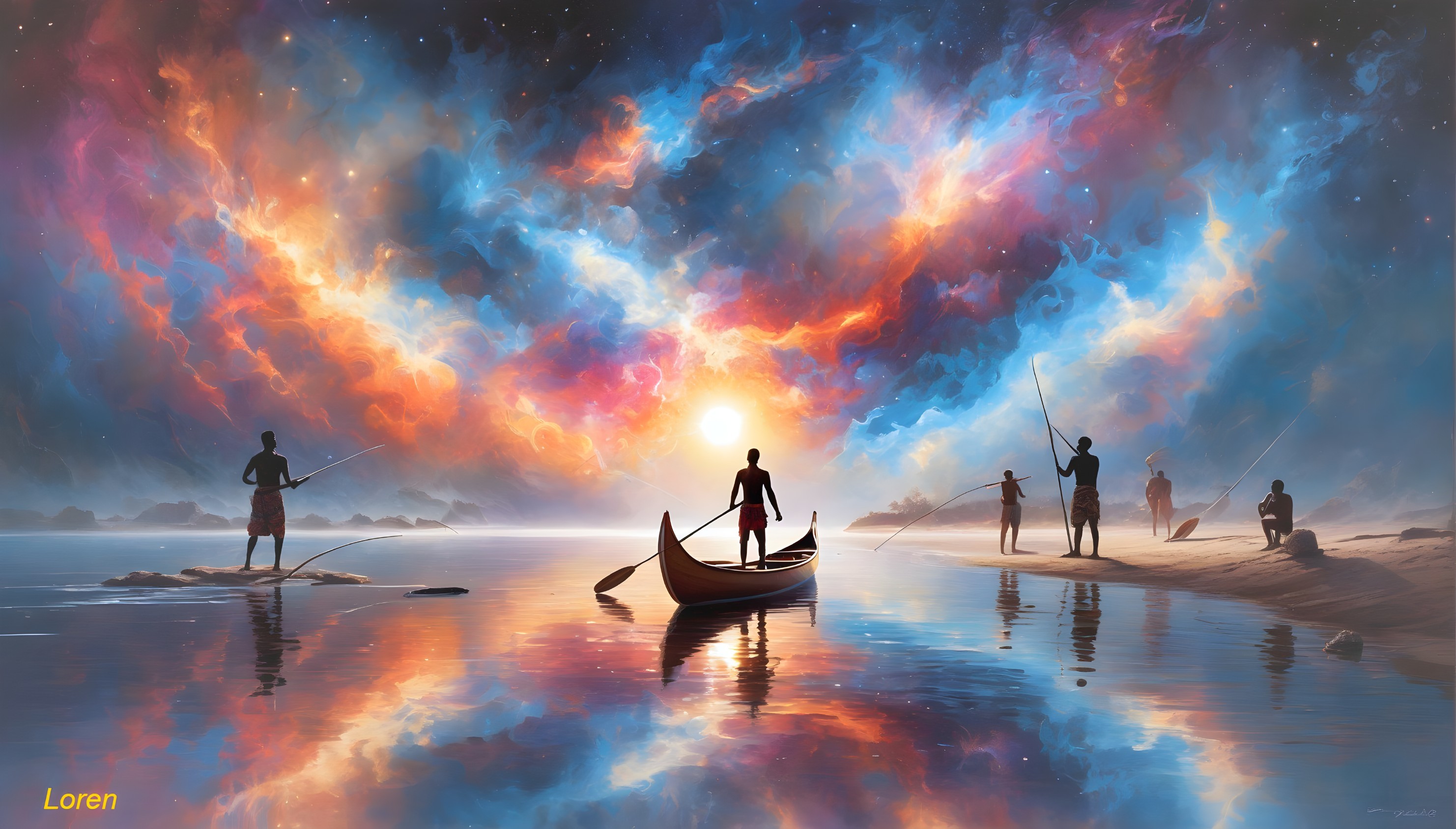Serene Sunset Over Water with Fishermen Silhouettes