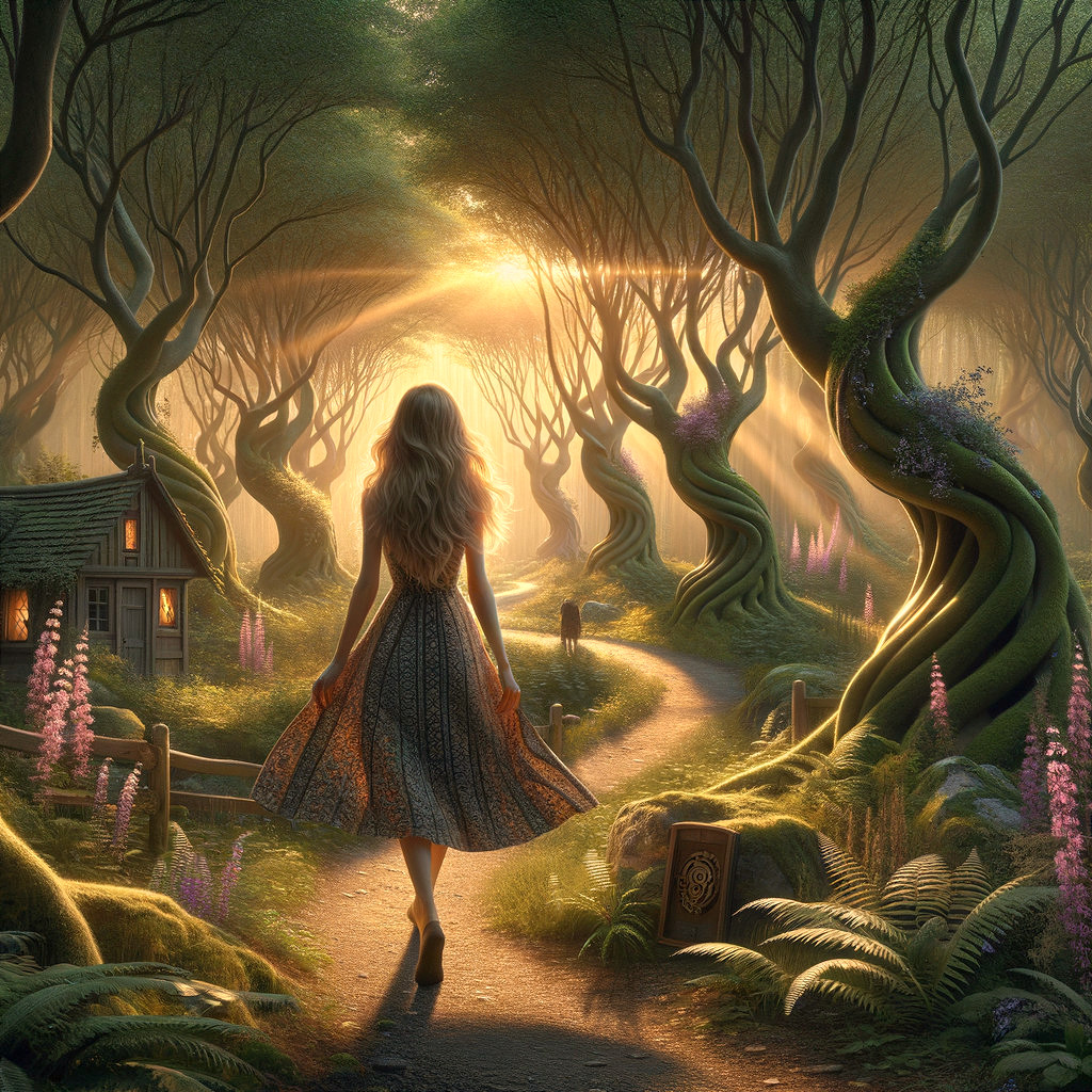 Serene forest path with twisting trees and flowers