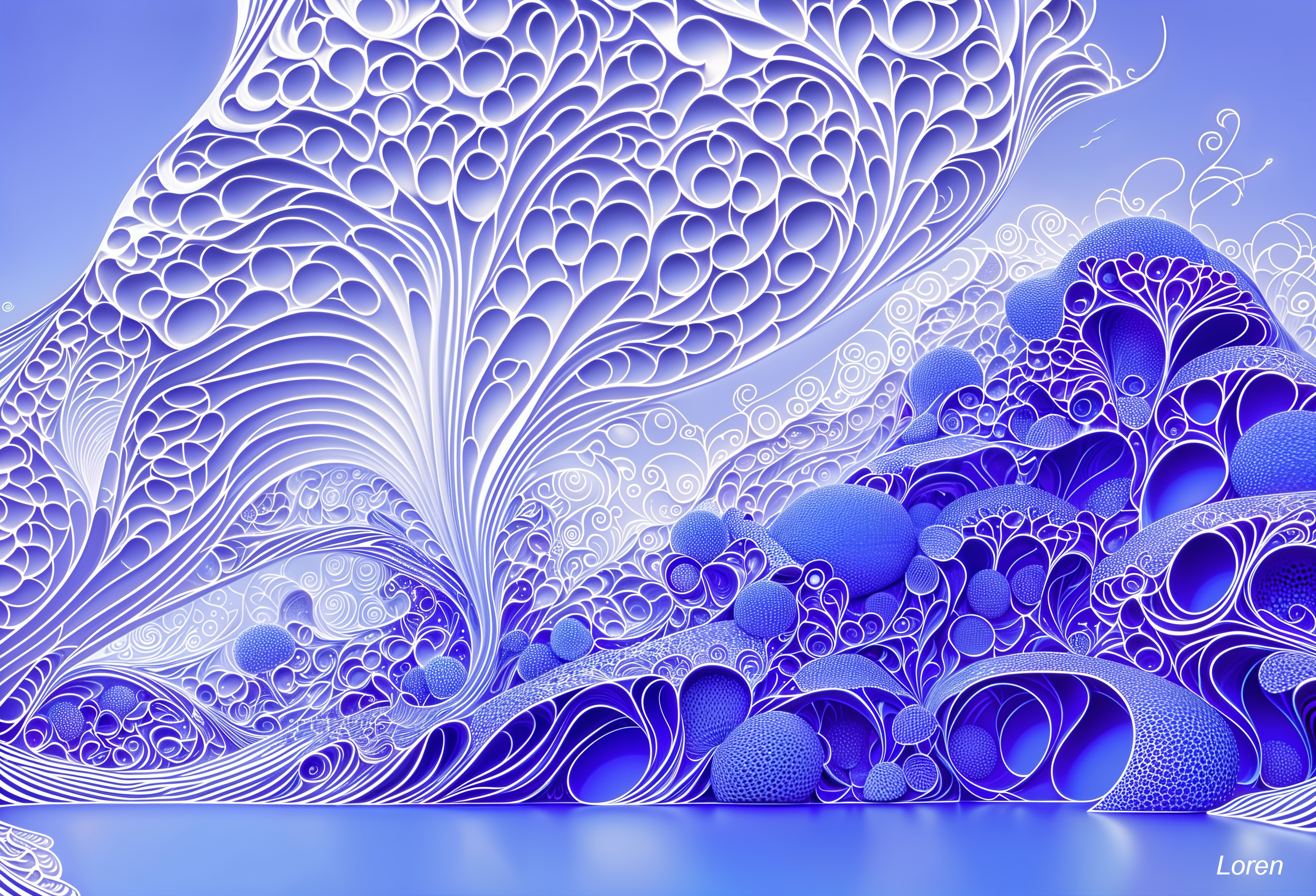 Abstract Landscape with Swirling Blue and White Patterns