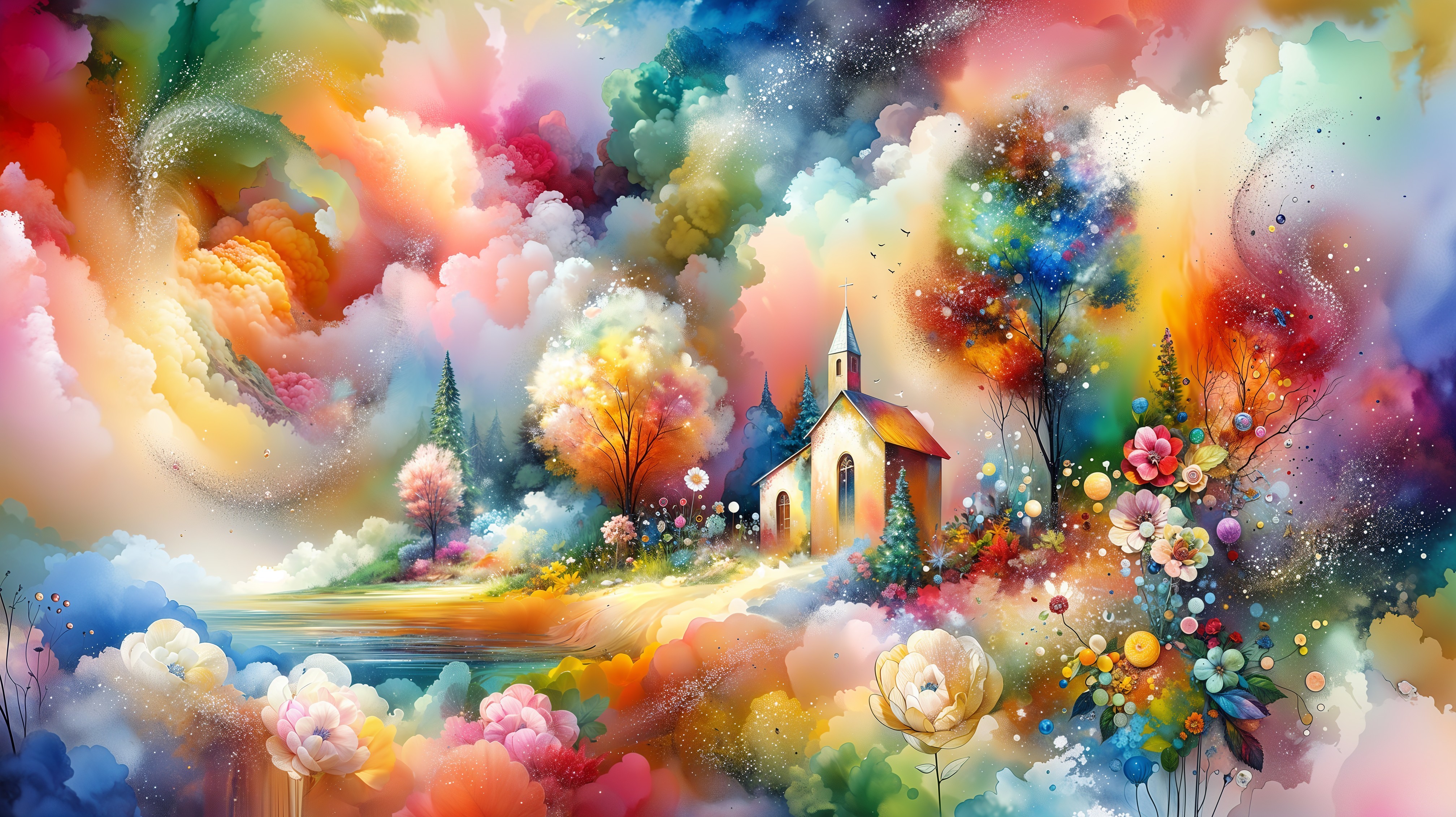 Vibrant Dreamlike Landscape with Quaint Church and Lake