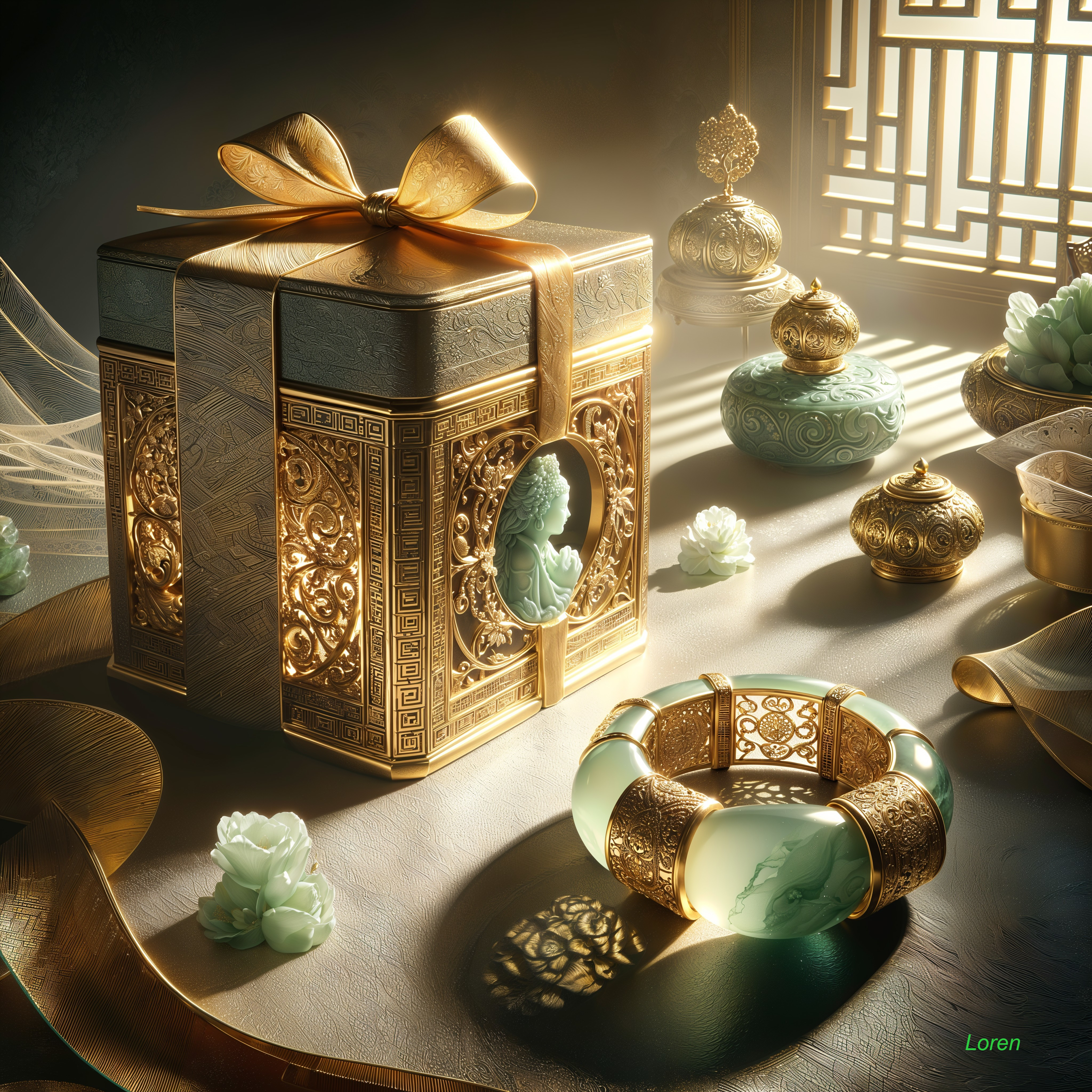 Elegant Gift Box with Jade Ornaments on Lit Table