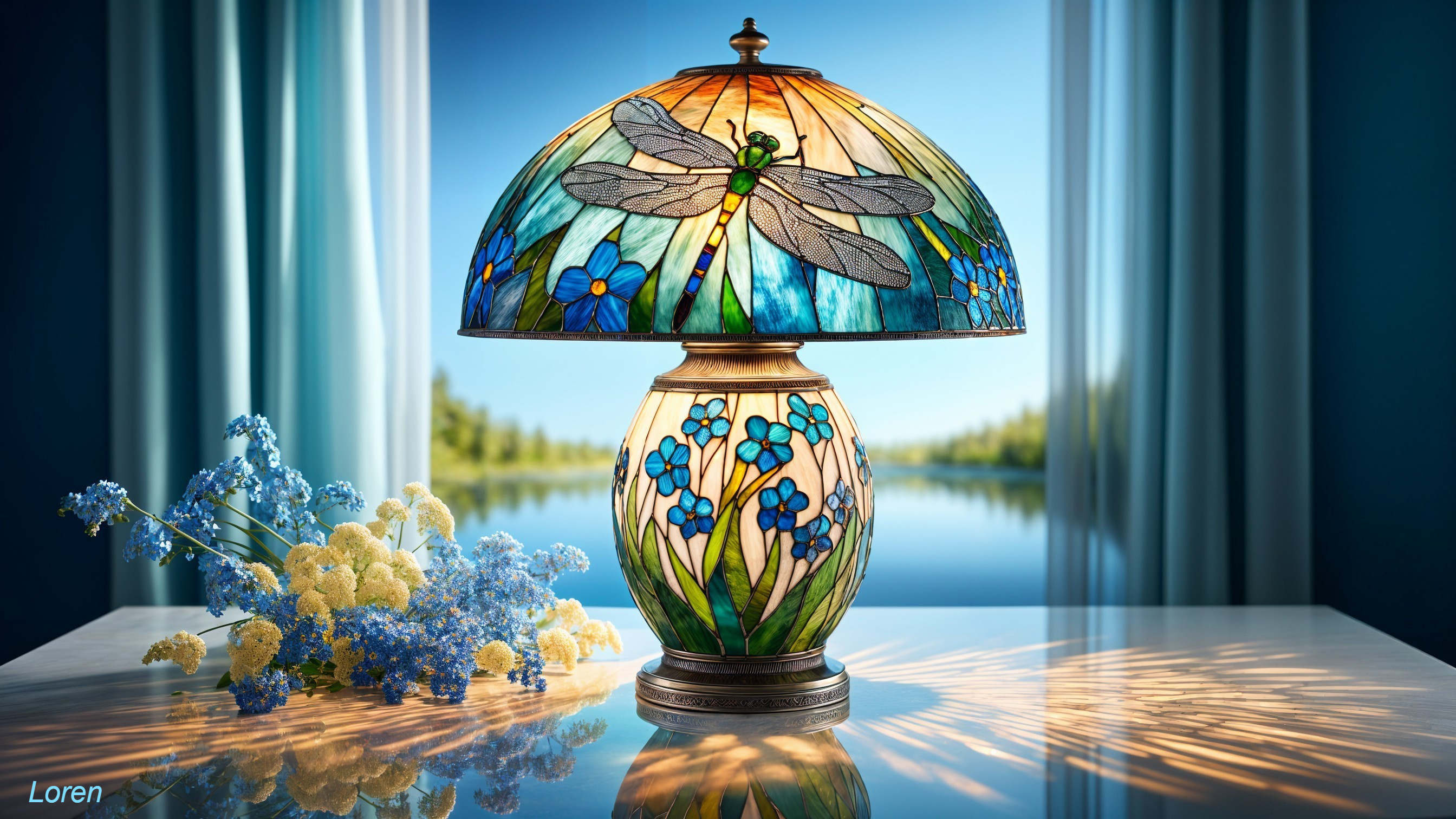 Stained Glass Lamp with Dragonfly and Floral Design
