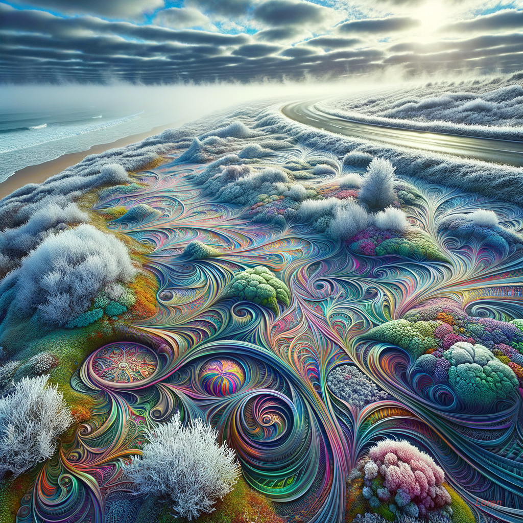 Colorful Swirling Patterns on Frosted Trees in Surreal Landscape