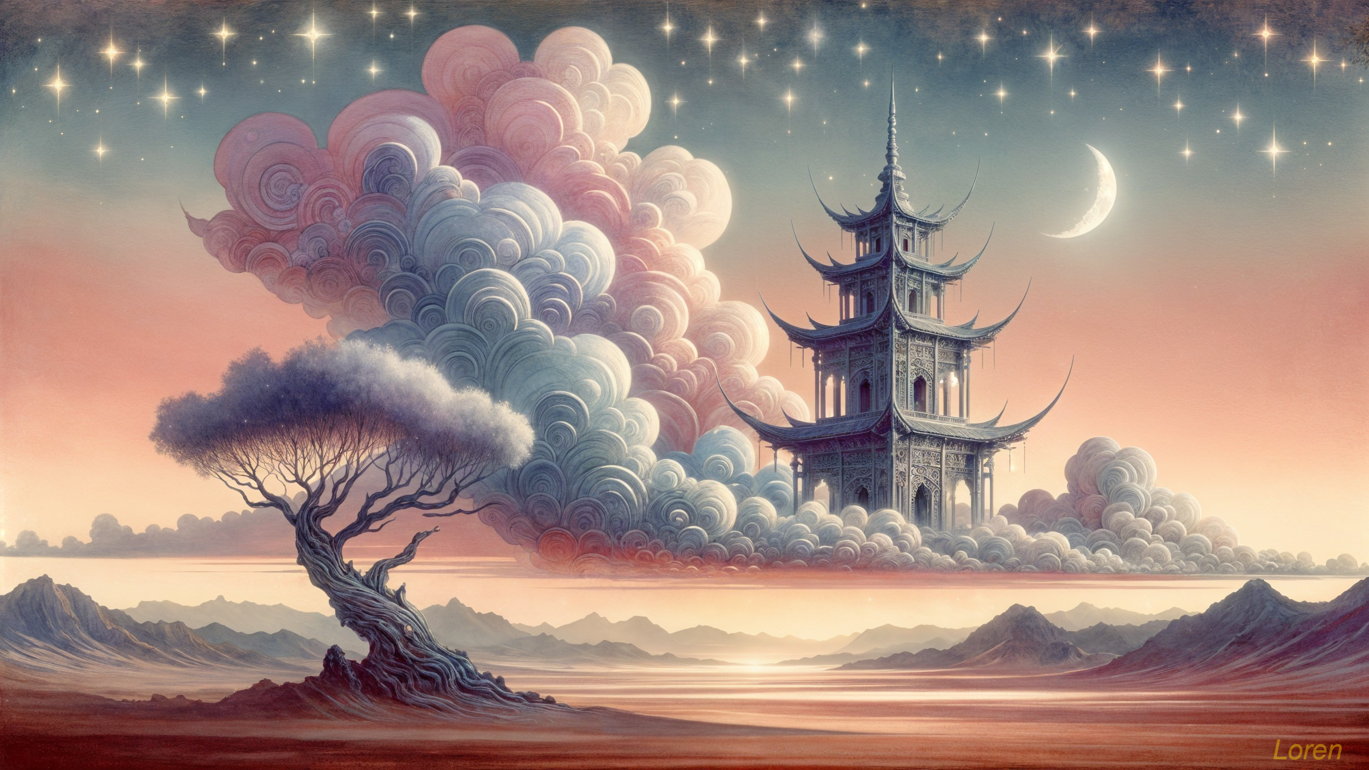 Fantastical Landscape with Pagoda and Ethereal Clouds