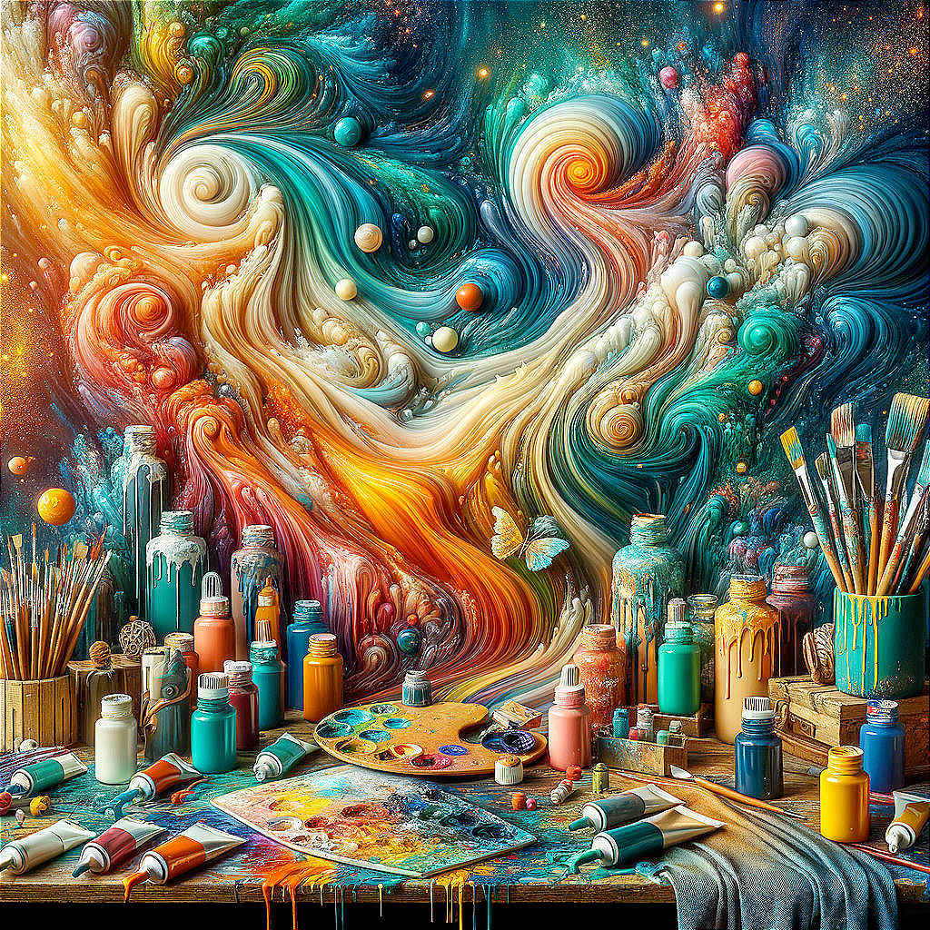 Vibrant Artist's Studio with Colorful Paints and Tools