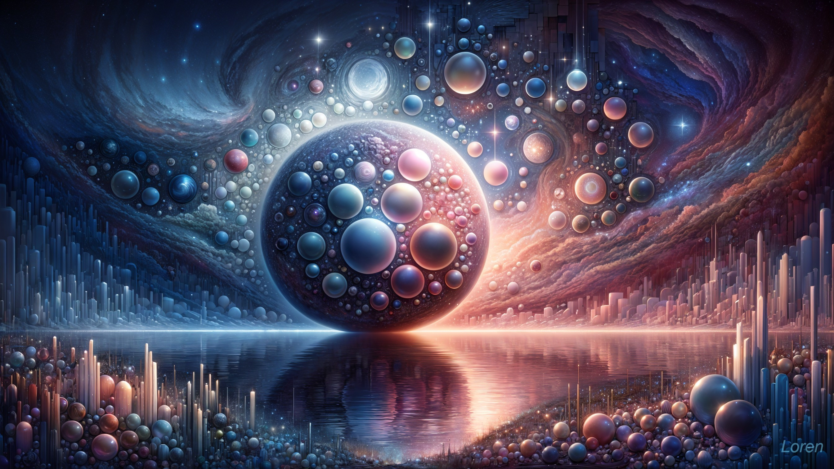 Cosmic Scene with Detailed Planet and Colorful Spheres