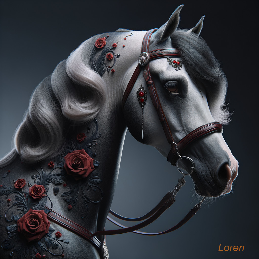 Gray Horse with Floral Designs and Elegant Mane