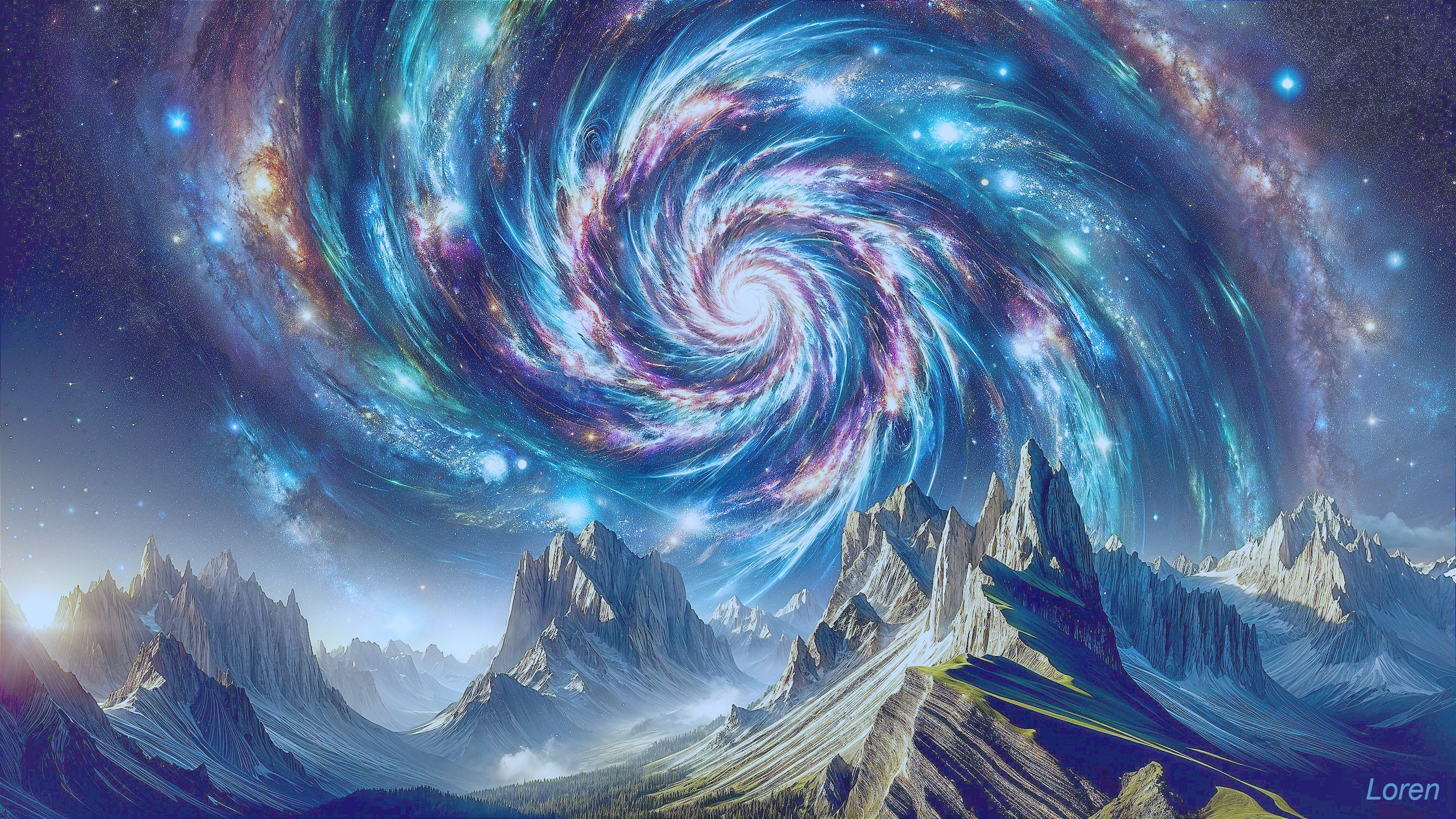 Cosmic Galaxy Over Majestic Mountain Landscape