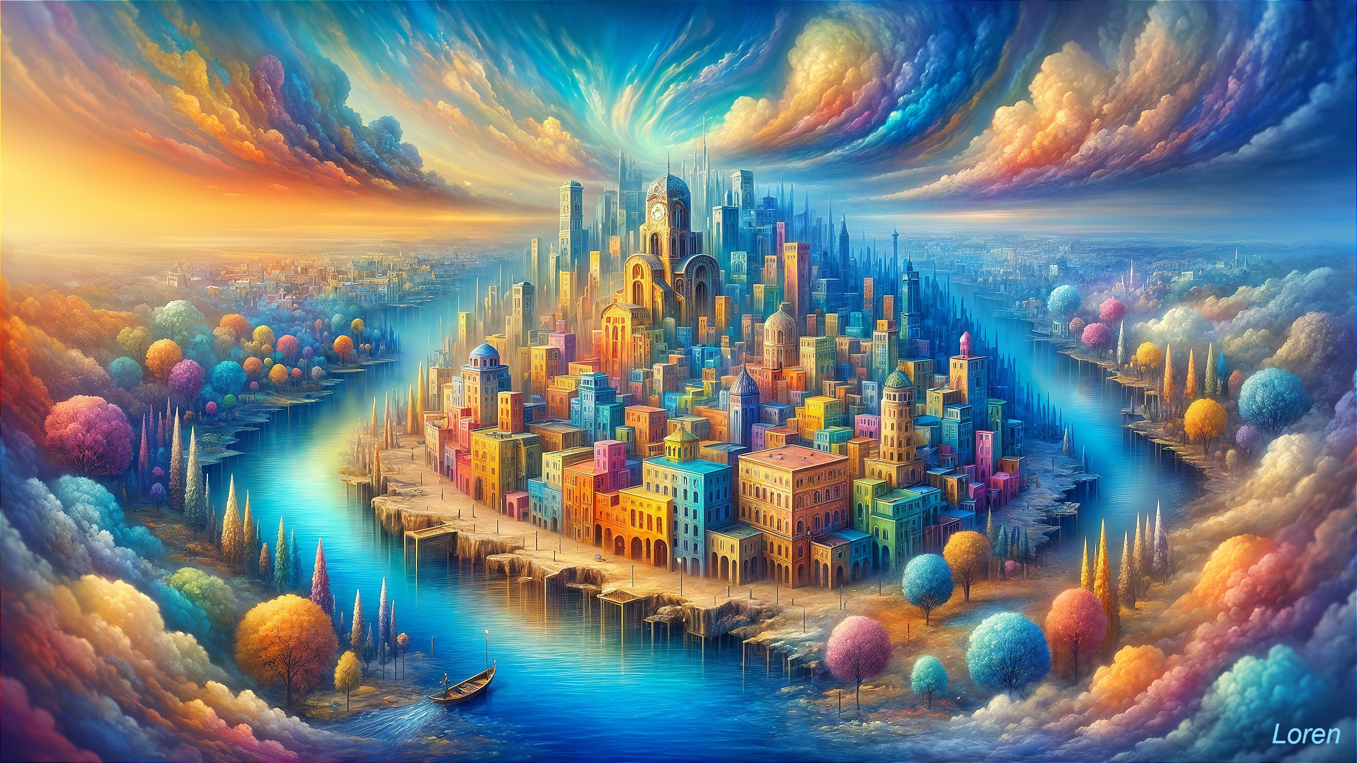 Vibrant Cityscape on an Island by a Shimmering River