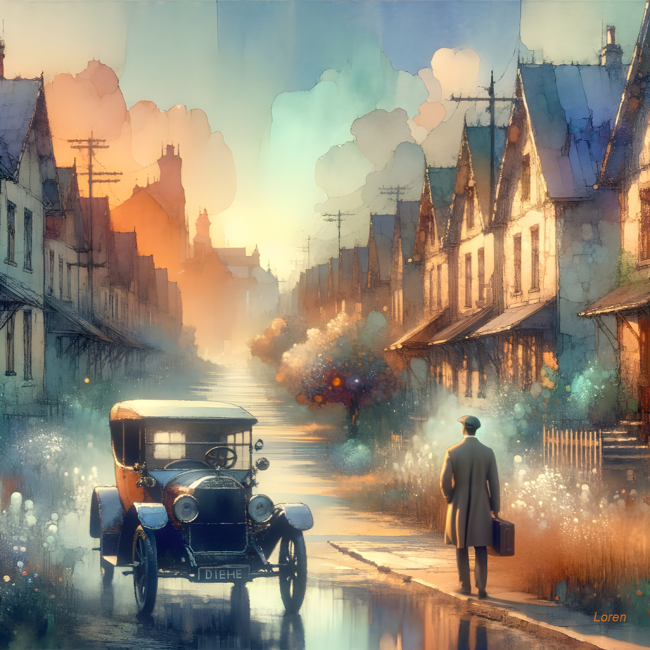 Serene Dusk Street Scene with Vintage Car and Puddle