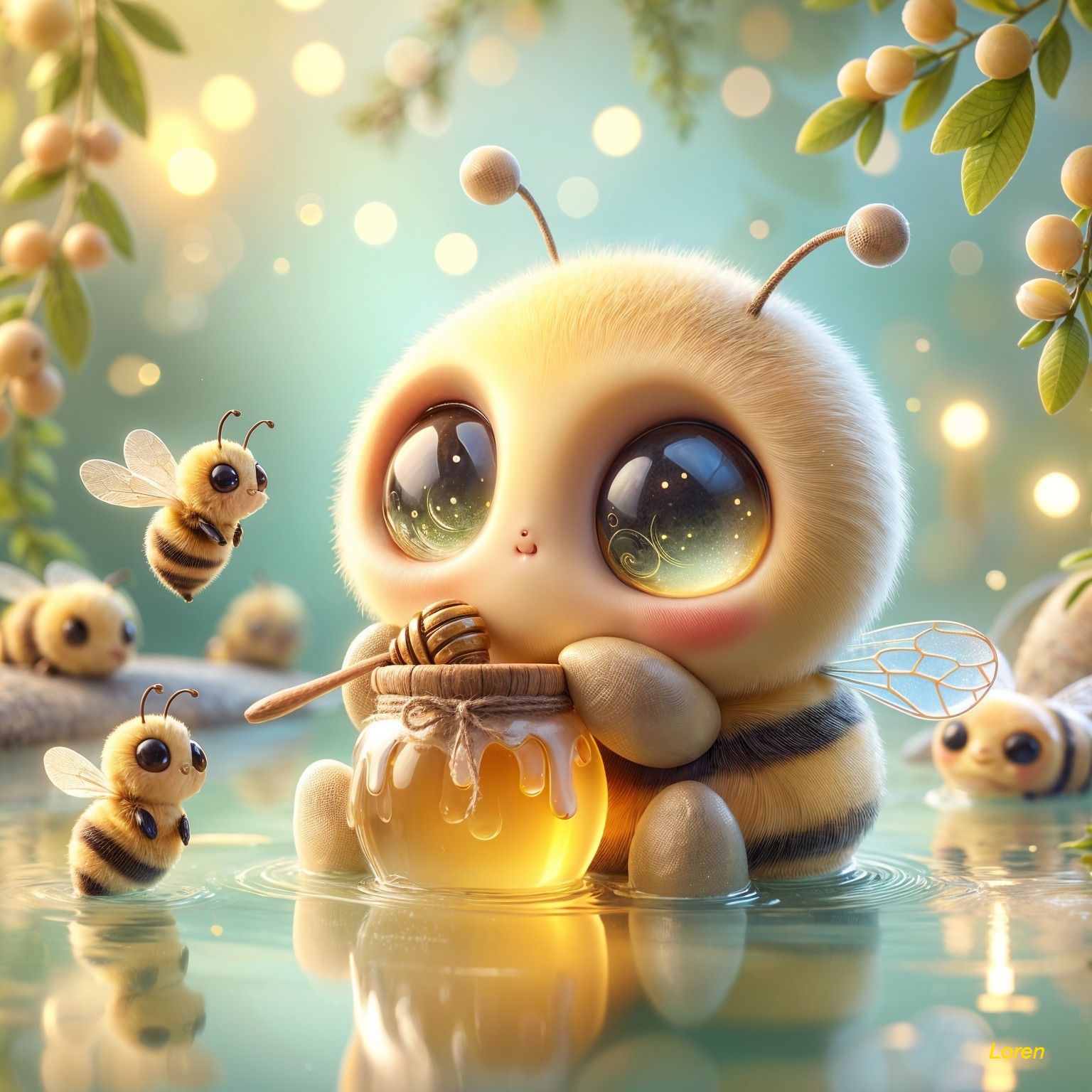 Fluffy Bee with Honey Dip and Joyful Surroundings