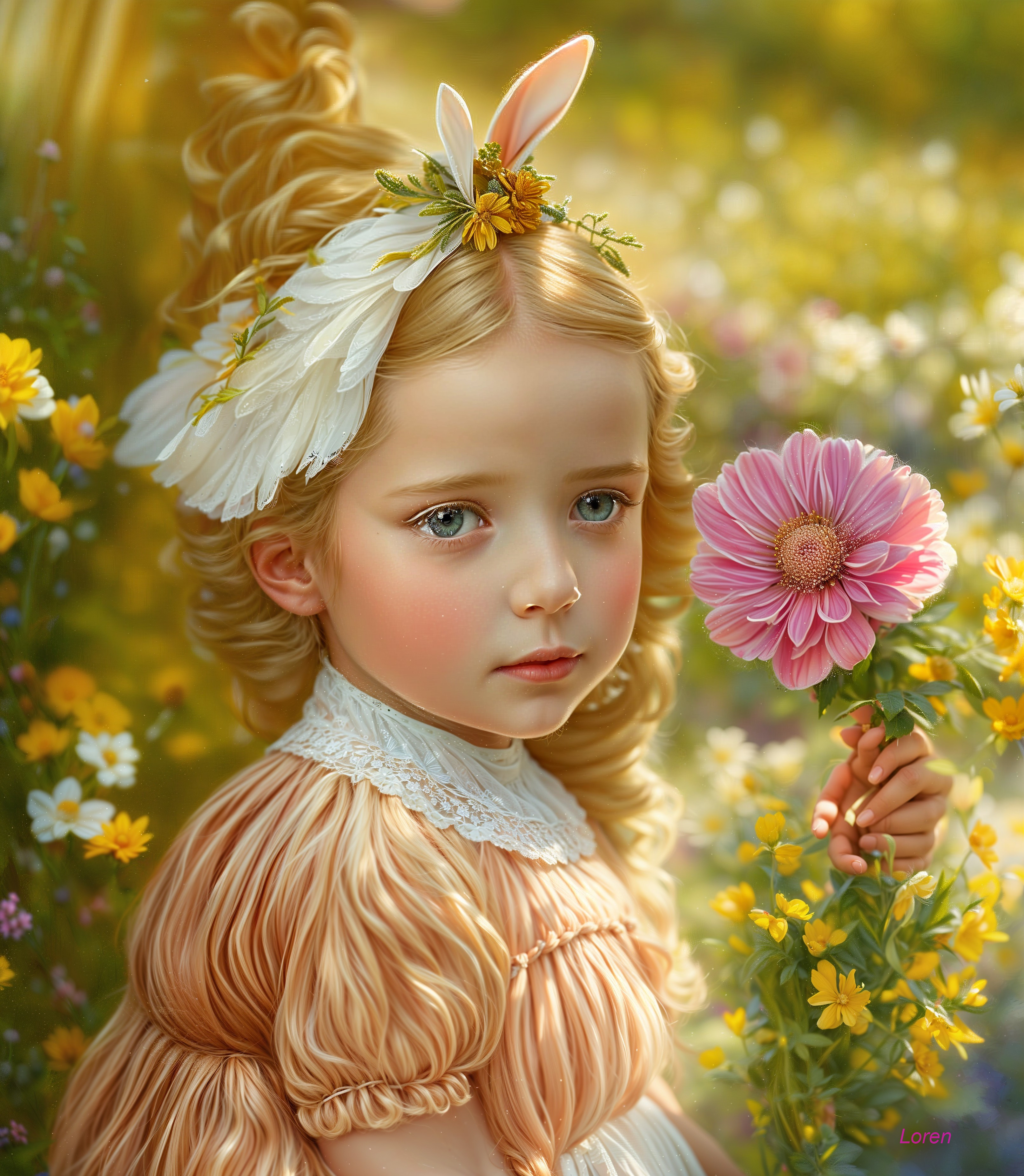 Young girl in floral field with pink flower