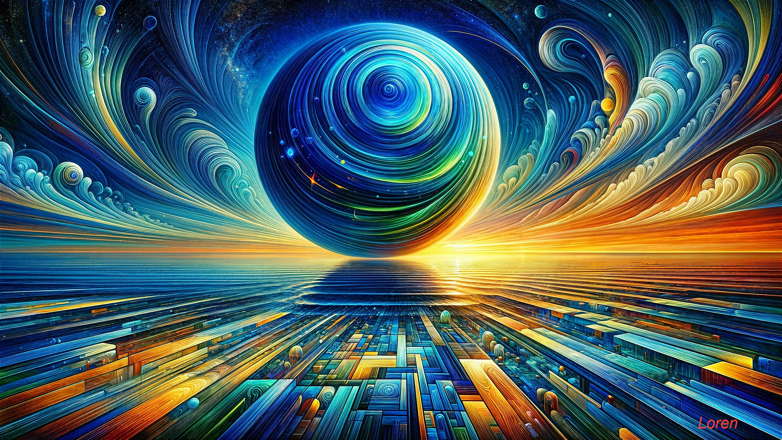 Surreal Landscape with Vibrant Orb and Geometric Patterns