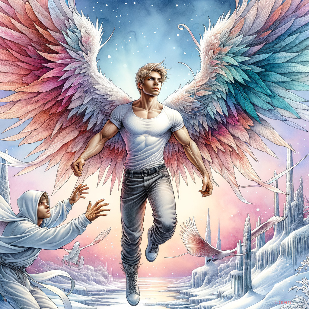 Muscular Young Man with Colorful Wings in Surreal Landscape