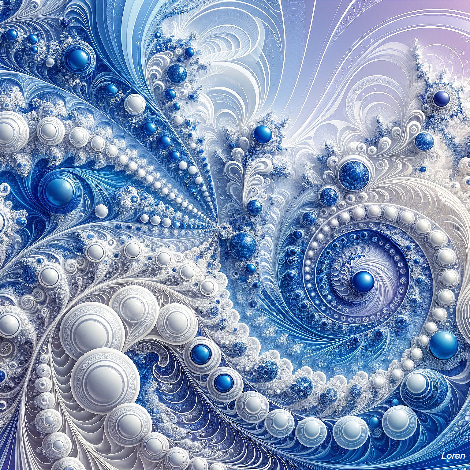 Abstract Artwork with Fractal Patterns in Blue and White