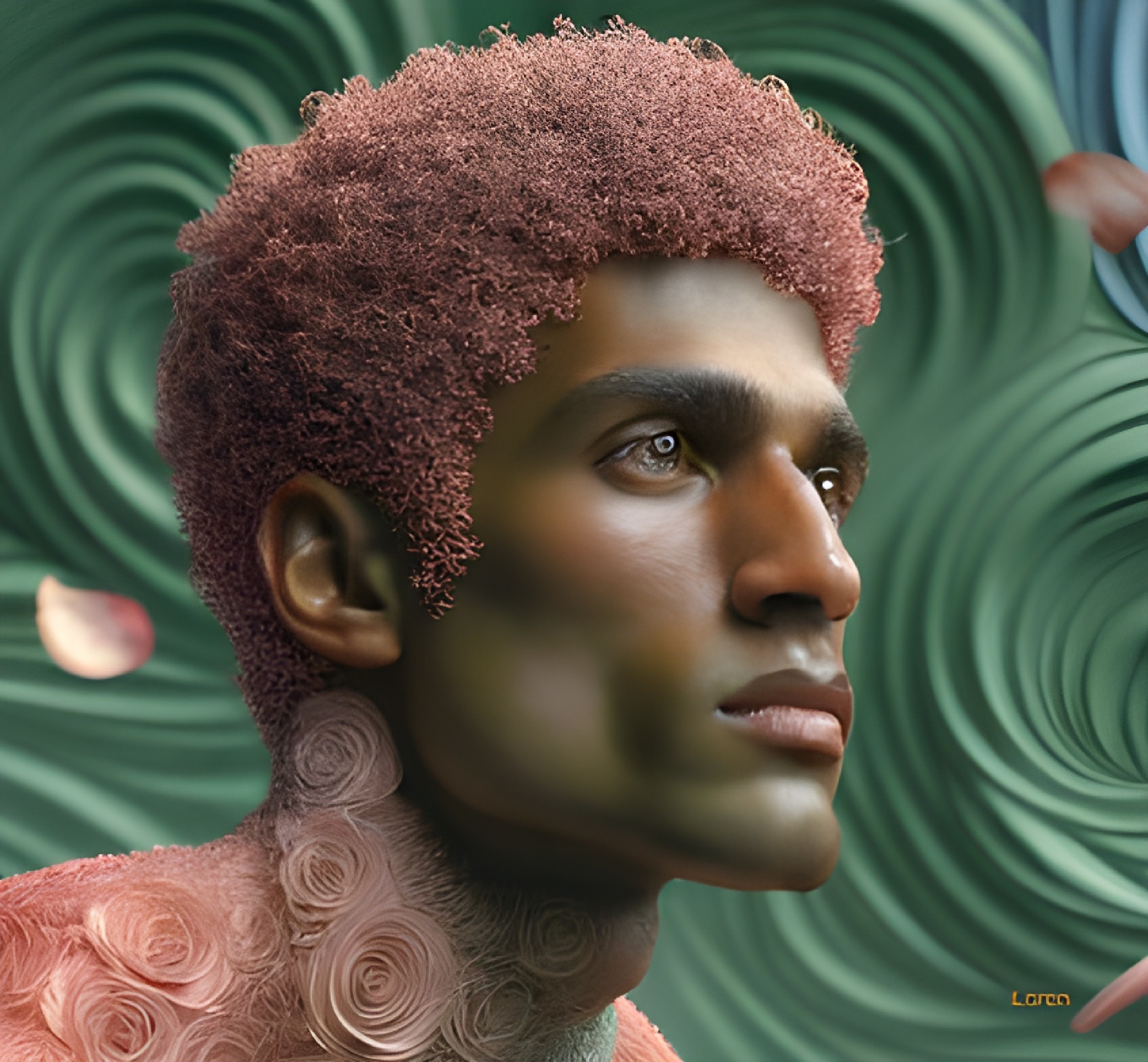 Stylized portrait of a man with pink textured hairstyle