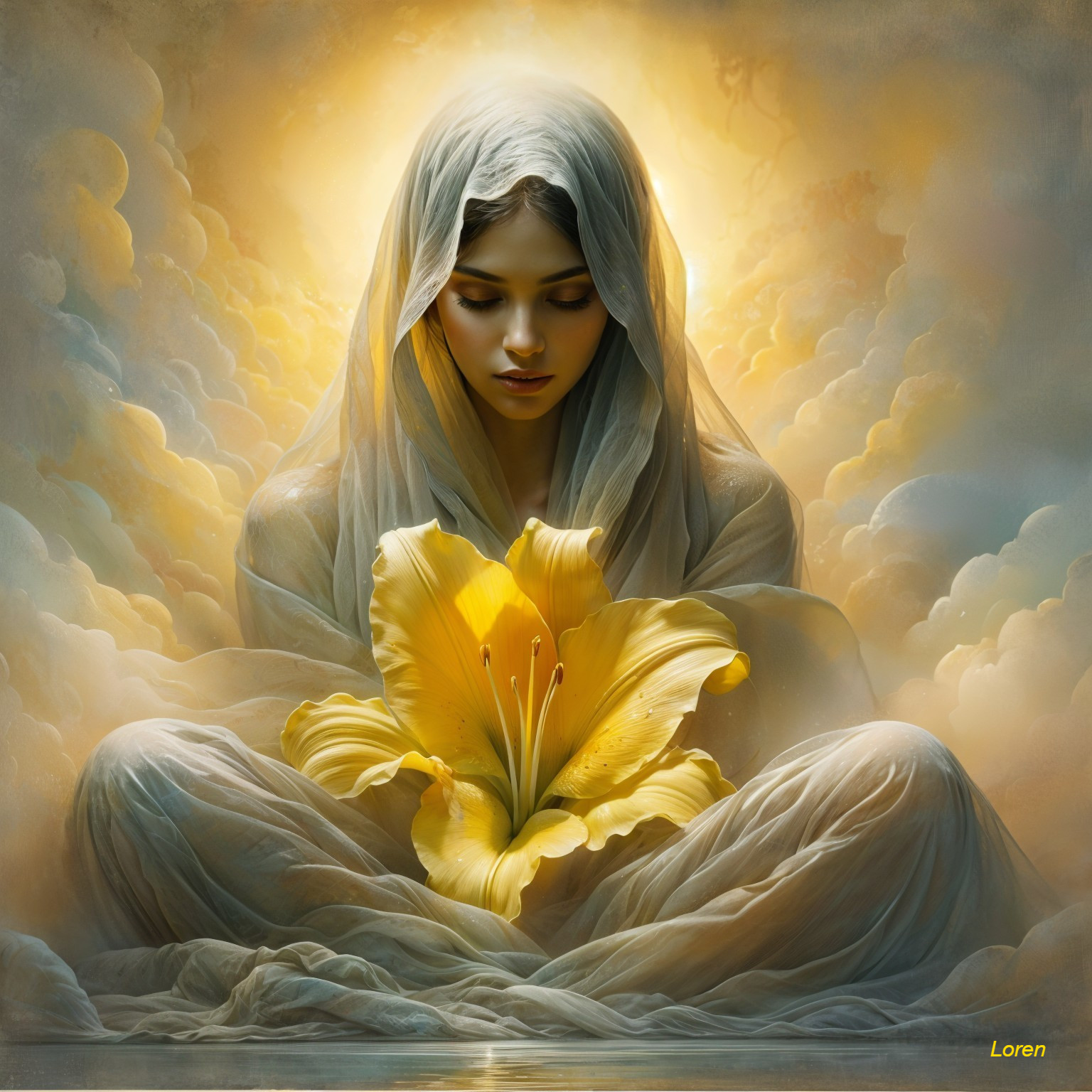 Serene Figure Surrounded by Golden Clouds and Lily