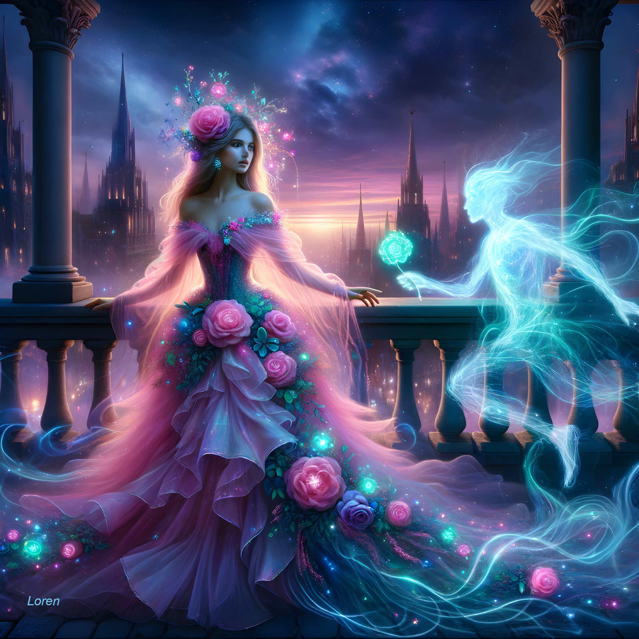 Mystical Sunset Scene with Woman and Glowing Spirit