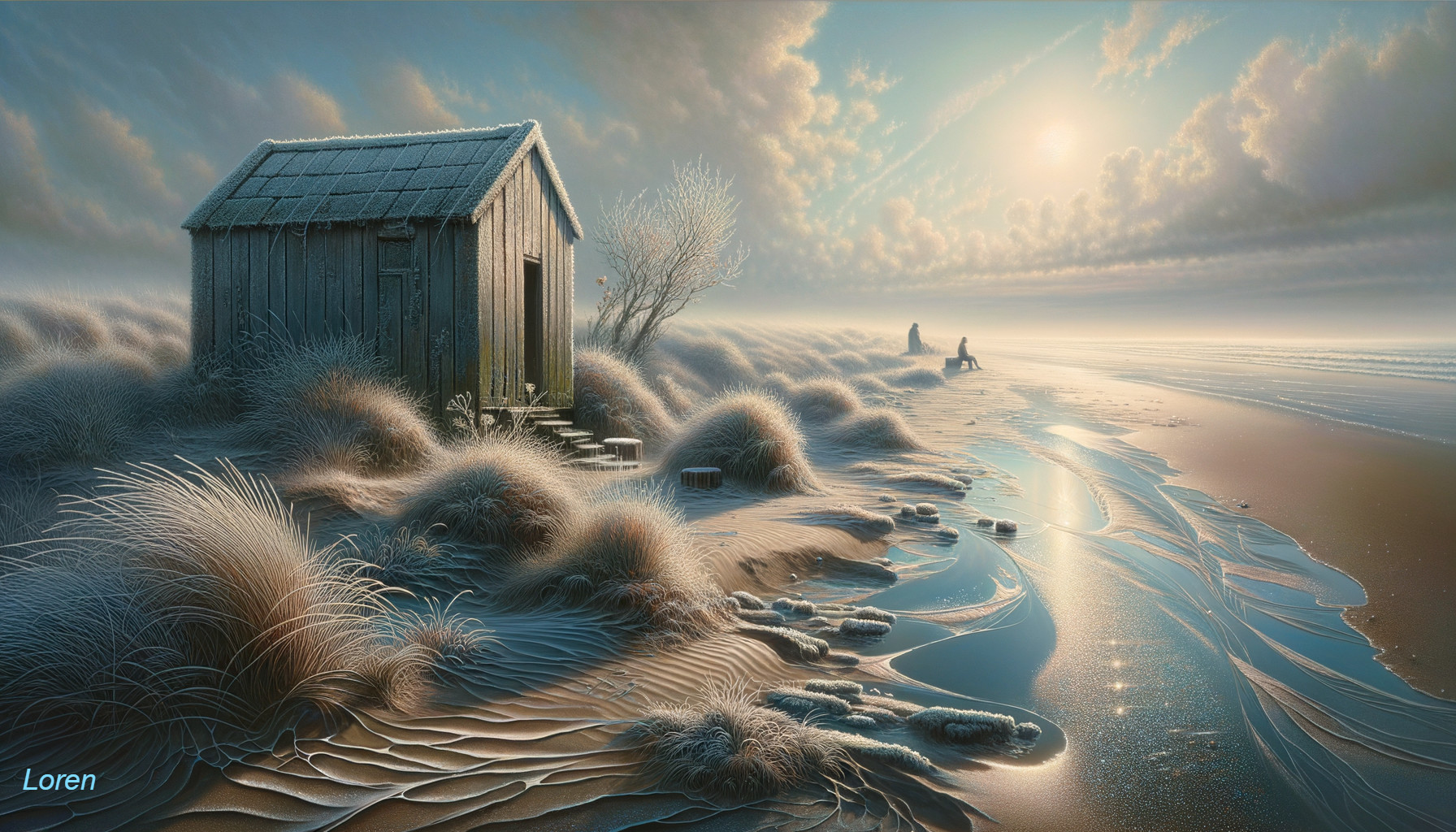 Tranquil beach scene at dusk with wooden hut, dune grass, wet sand path, distant