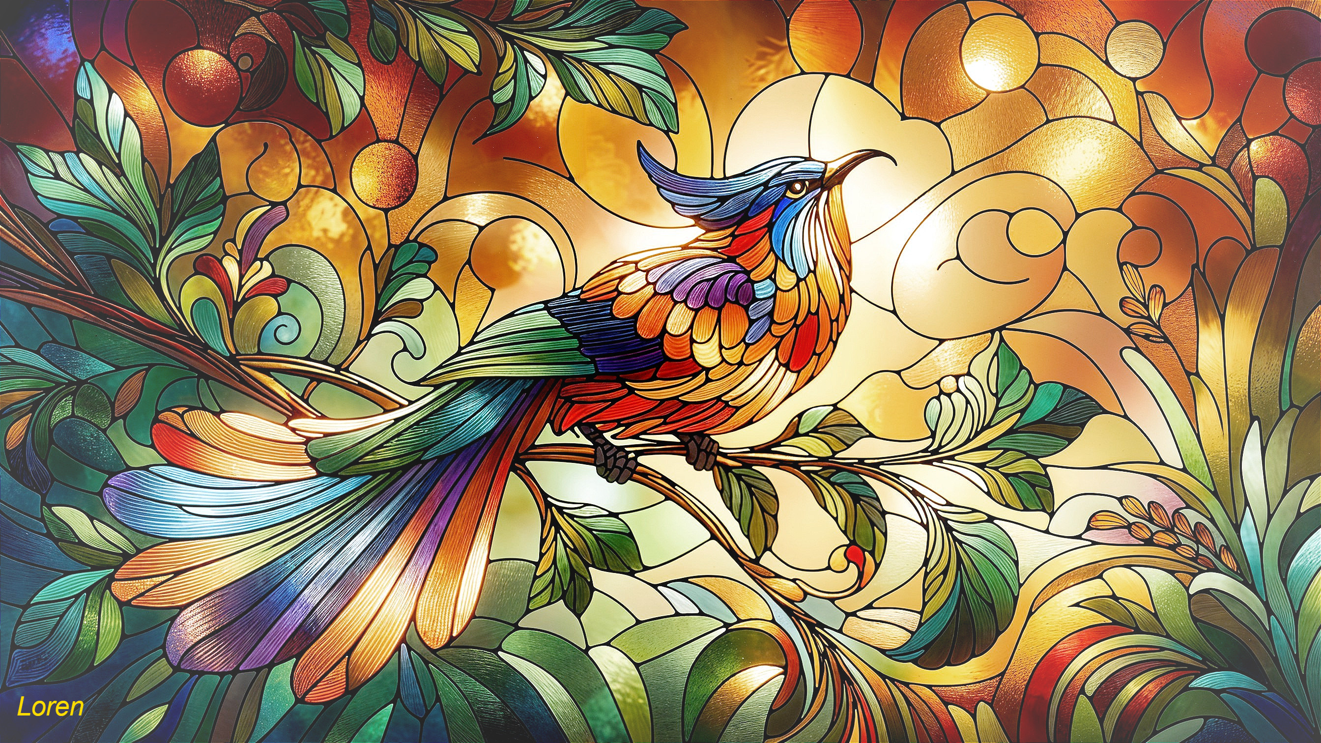 Vibrant Stained Glass Artwork of a Colorful Bird